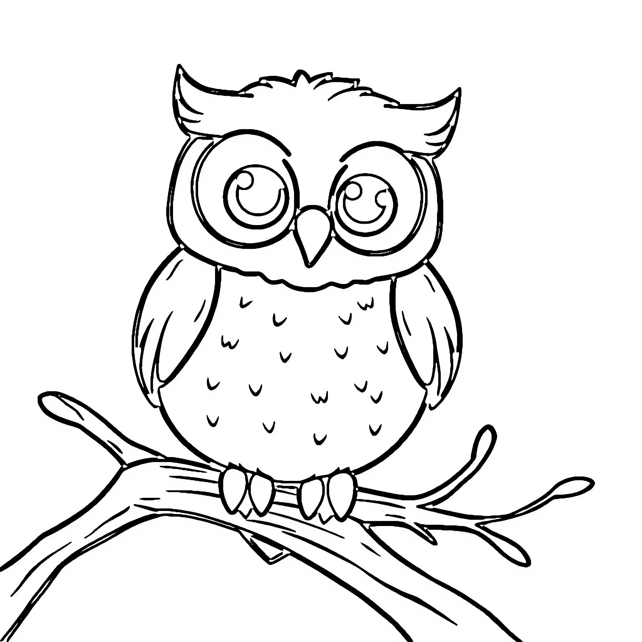 Owl with Swirly Eyes on Branch Coloring Page (free black-and-white line drawing printable PDF for all, from beginners to advanced learners, including children, teens, adults, and seniors)