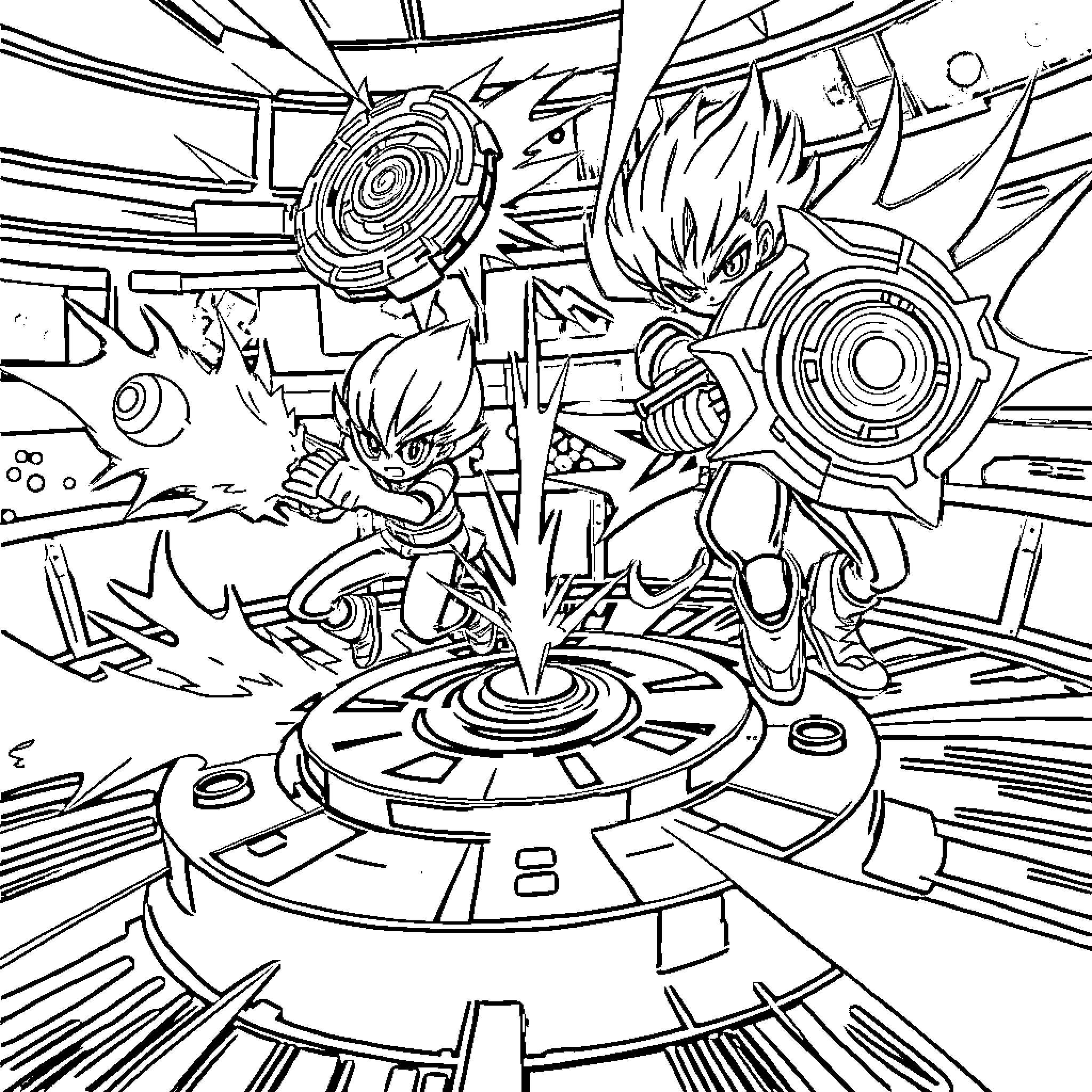 Beyblade Fierce Battle Arena Showdown Coloring Page (free black-and-white line drawing printable PDF for all, from beginners to advanced learners, including children, teens, adults, and seniors)