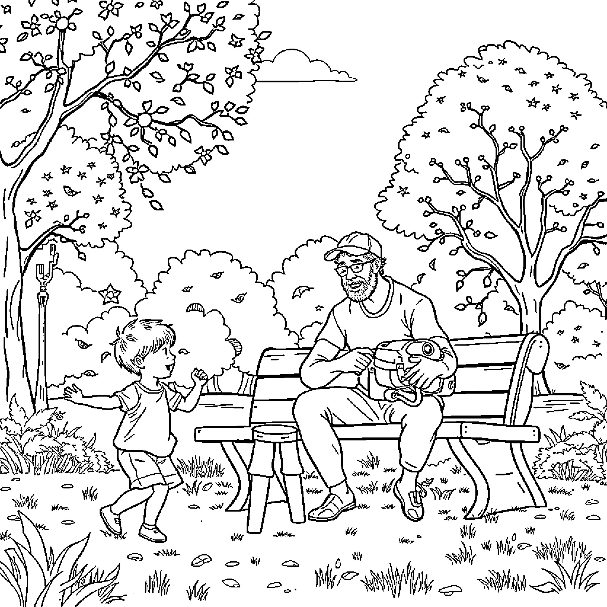 Dad spending quality time with his child in nature Coloring Page (free black-and-white line drawing printable PDF for all, from beginners to advanced learners, including children, teens, adults, and seniors)