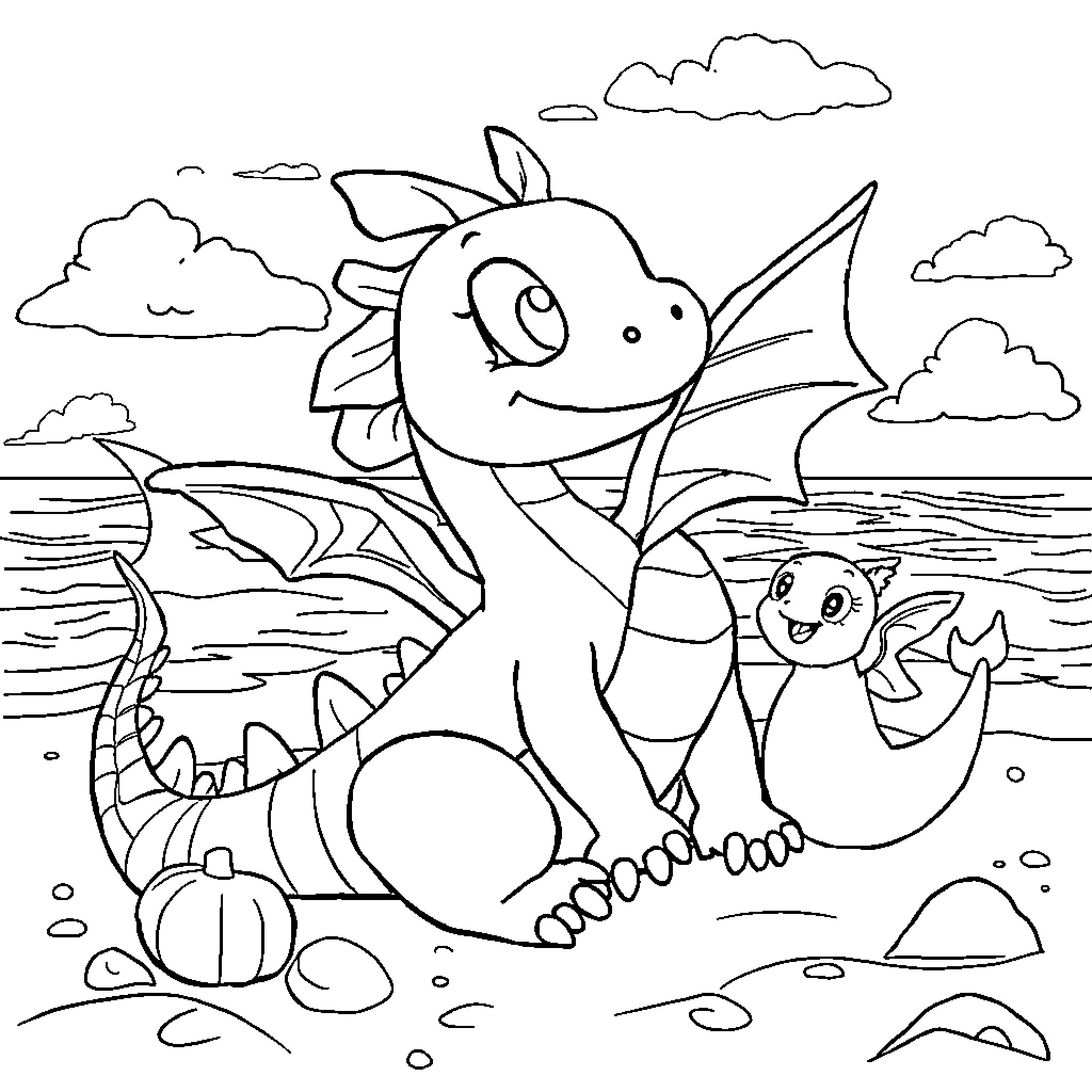 Drache's playful adventure by the ocean Coloring Page (free black-and-white line drawing printable PDF for all, from beginners to advanced learners, including children, teens, adults, and seniors)