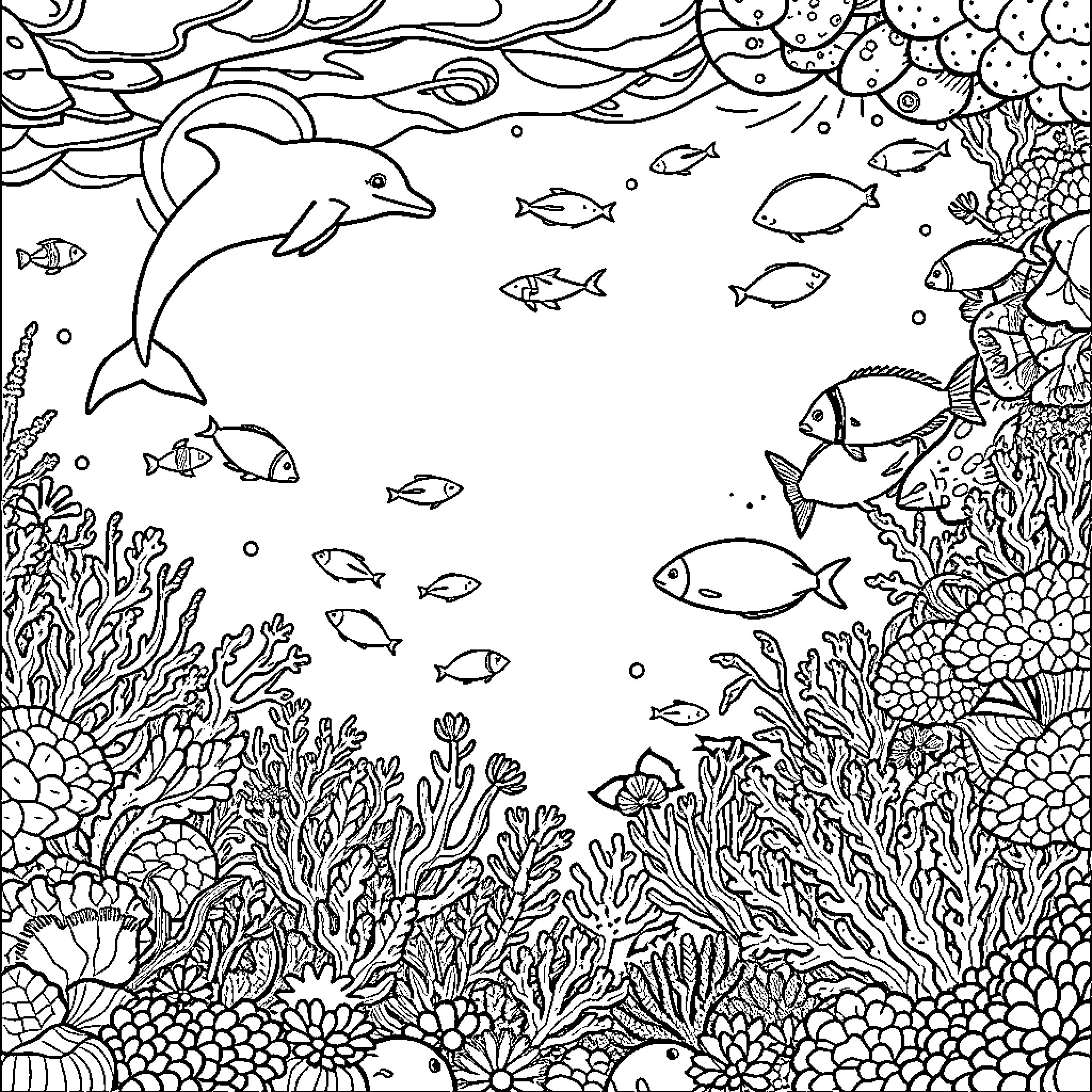 Aquatic Biosphere: Vibrant Marine Life Coloring Page (free black-and-white line drawing printable PDF for all, from beginners to advanced learners, including children, teens, adults, and seniors)