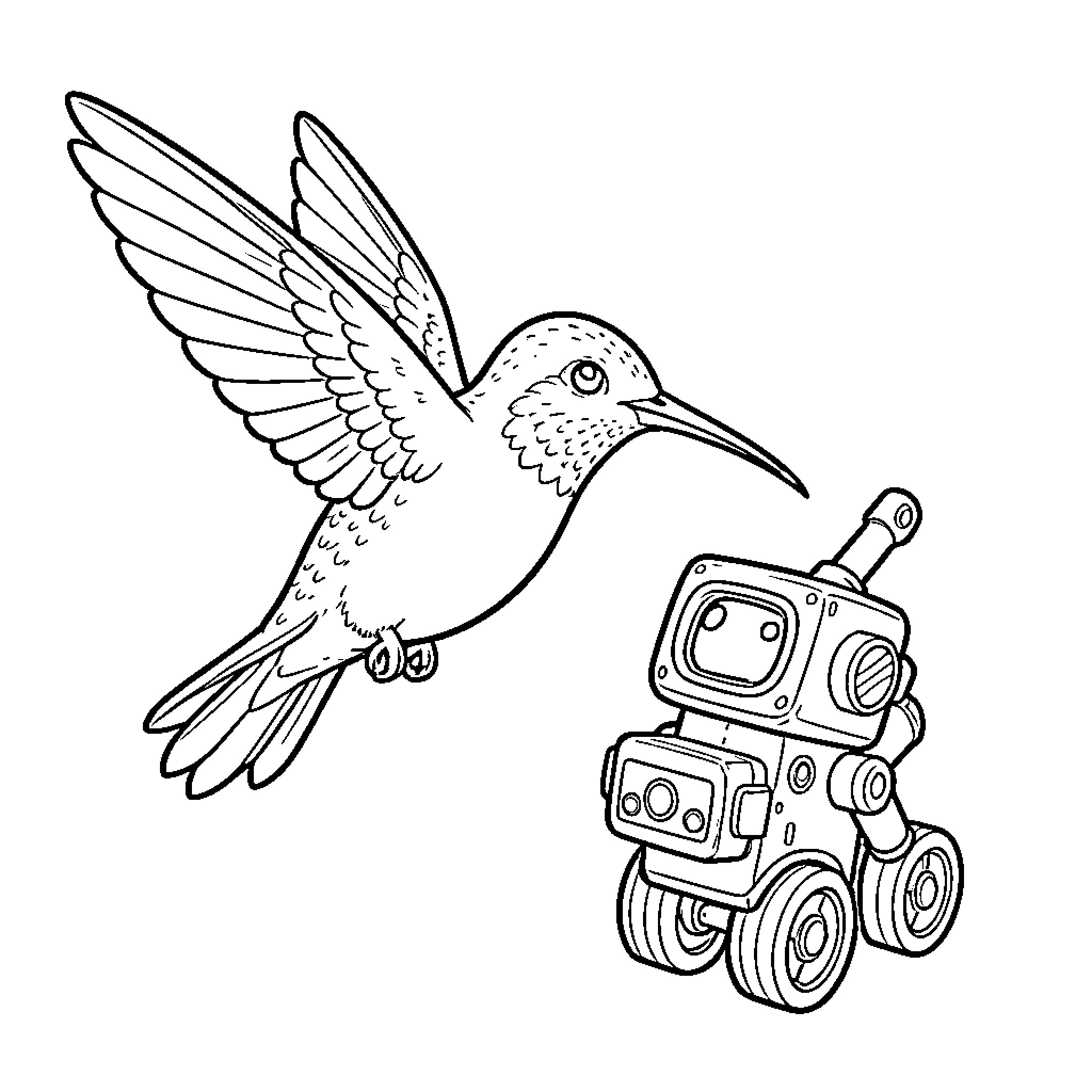 Hummingbird flying towards a small robot Coloring Page (free black-and-white line drawing printable PDF for all, from beginners to advanced learners, including children, teens, adults, and seniors)