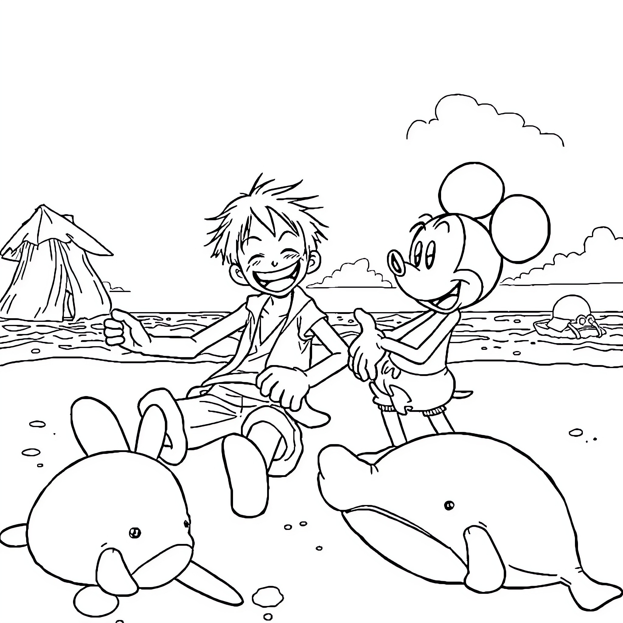 Luffy enjoying a seaside adventure with friends Coloring Page (free black-and-white line drawing printable PDF for all, from beginners to advanced learners, including children, teens, adults, and seniors)