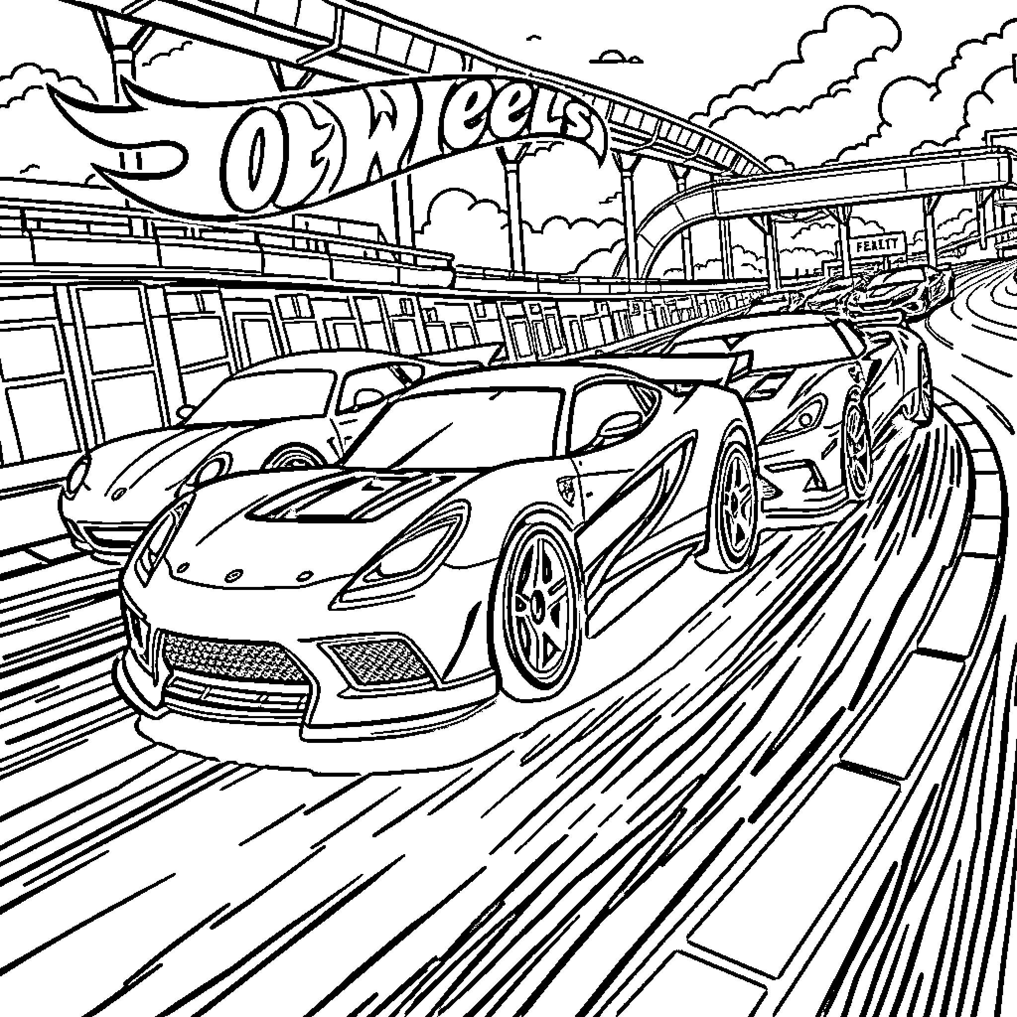 Hotwheela Roadway Adventure with Speeding Cars Coloring Page (free black-and-white line drawing printable PDF for all, from beginners to advanced learners, including children, teens, adults, and seniors)