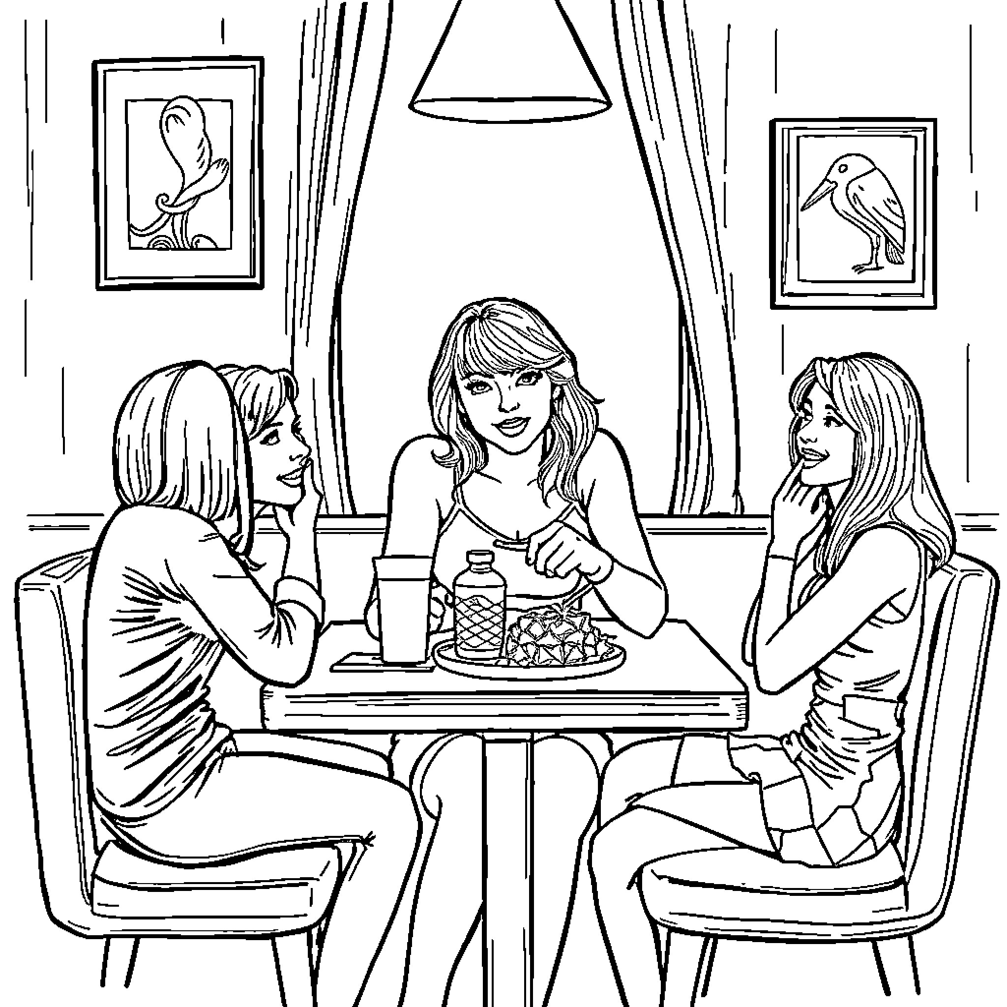 Taylor Swift and friends enjoying a casual conversation Coloring Page (free black-and-white line drawing printable PDF for all, from beginners to advanced learners, including children, teens, adults, and seniors)