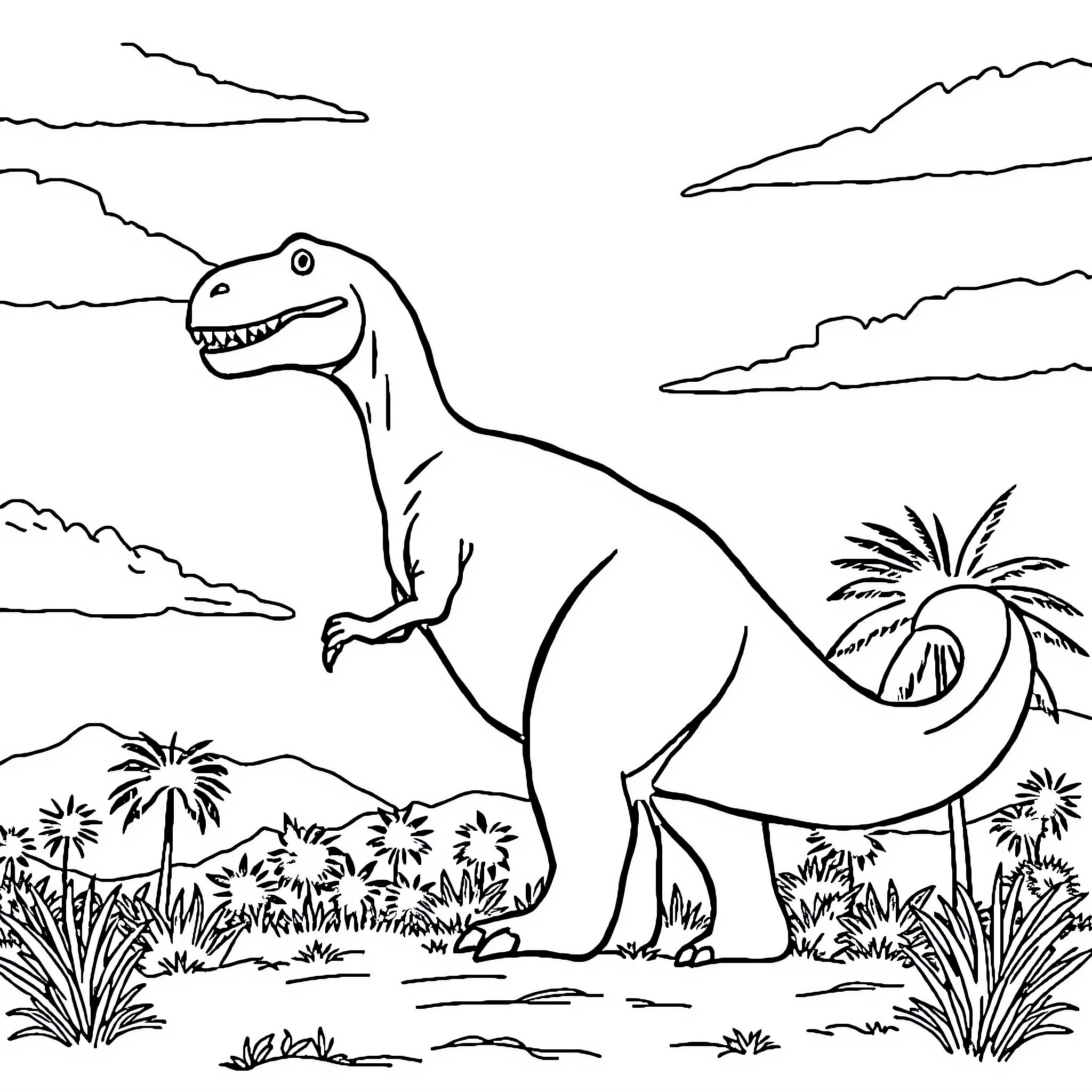 Dinosaur roaming in prehistoric jungle landscape Coloring Page (free black-and-white line drawing printable PDF for all, from beginners to advanced learners, including children, teens, adults, and seniors)