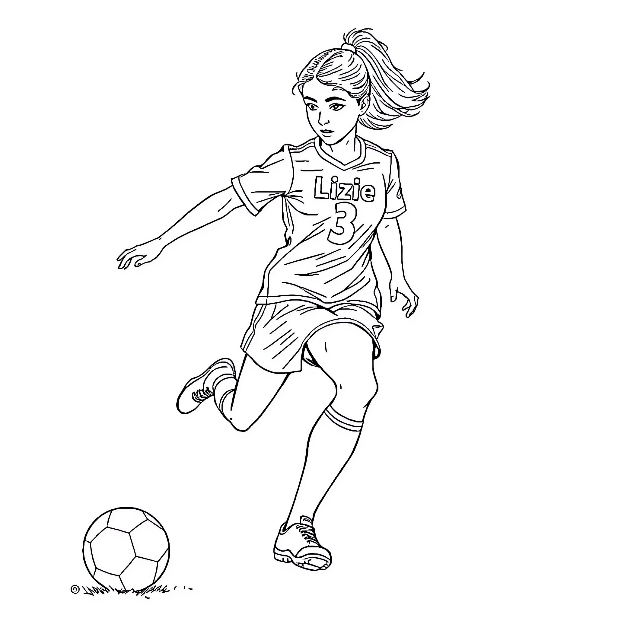 Girl playing soccer in sports uniform Coloring Page (free black-and-white line drawing printable PDF for all, from beginners to advanced learners, including children, teens, adults, and seniors)