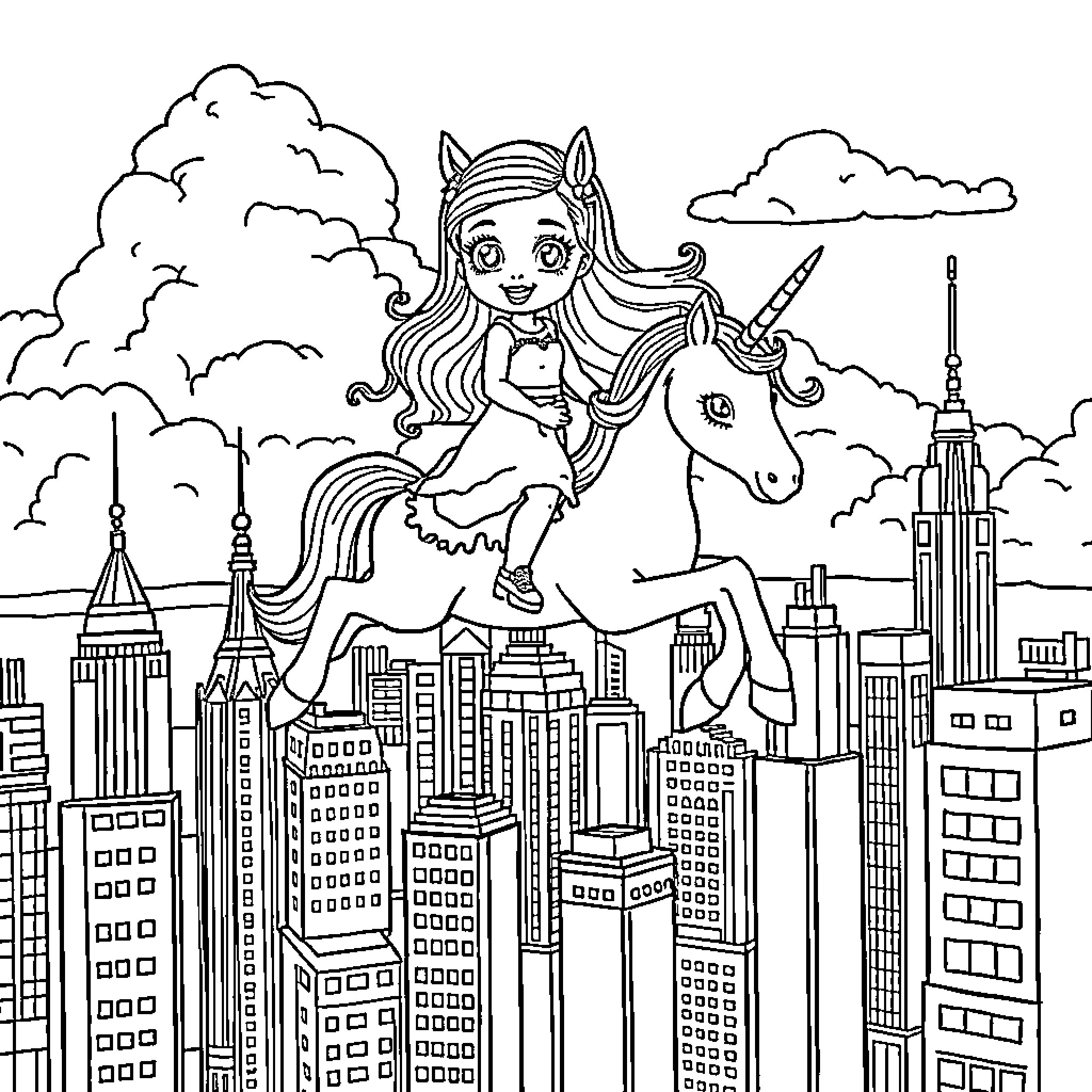 Gabby's Magical Unicorn Adventure in the City Coloring Page (free black-and-white line drawing printable PDF for all, from beginners to advanced learners, including children, teens, adults, and seniors)