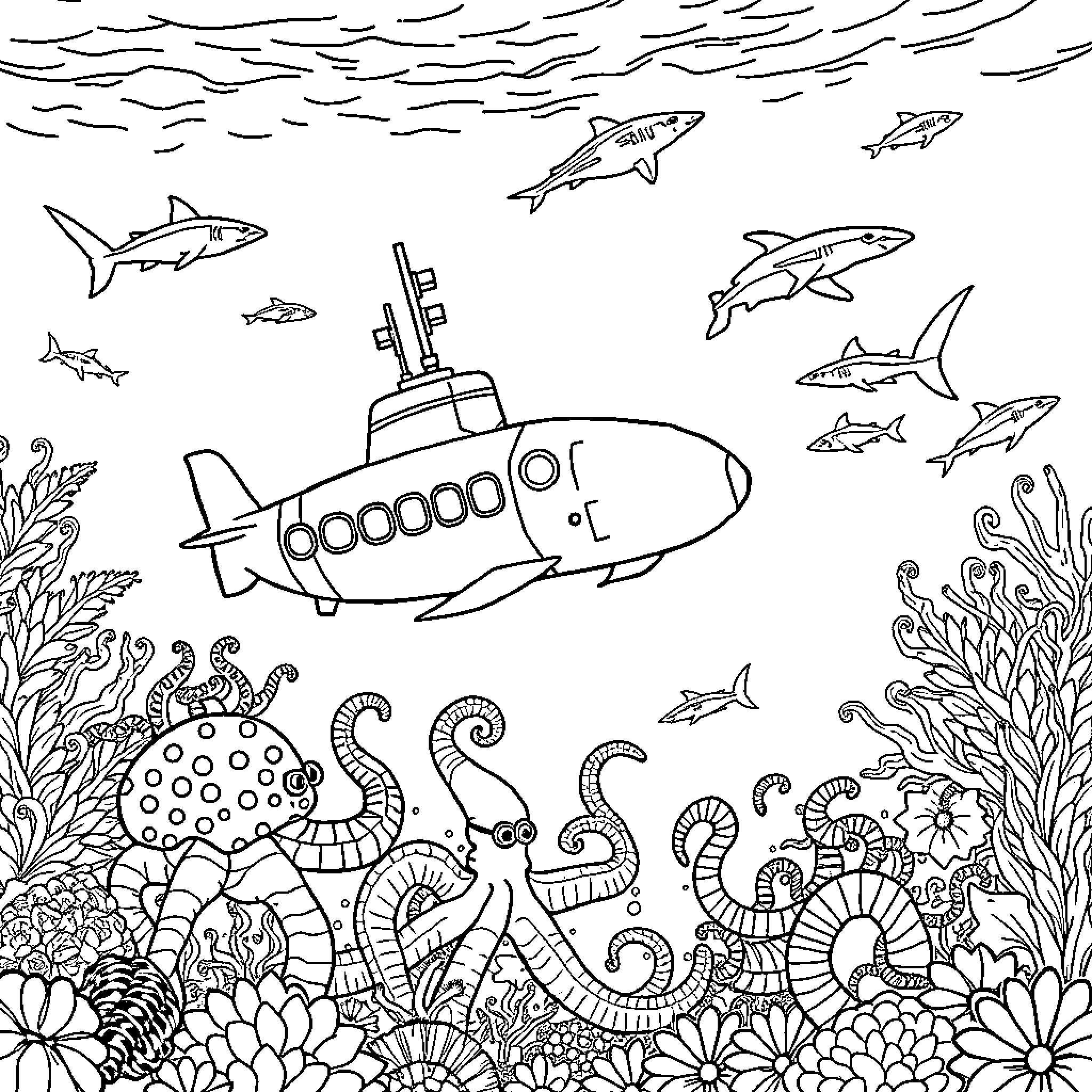 Submarine adventure with sea creatures Coloring Page (free black-and-white line drawing printable PDF for all, from beginners to advanced learners, including children, teens, adults, and seniors)