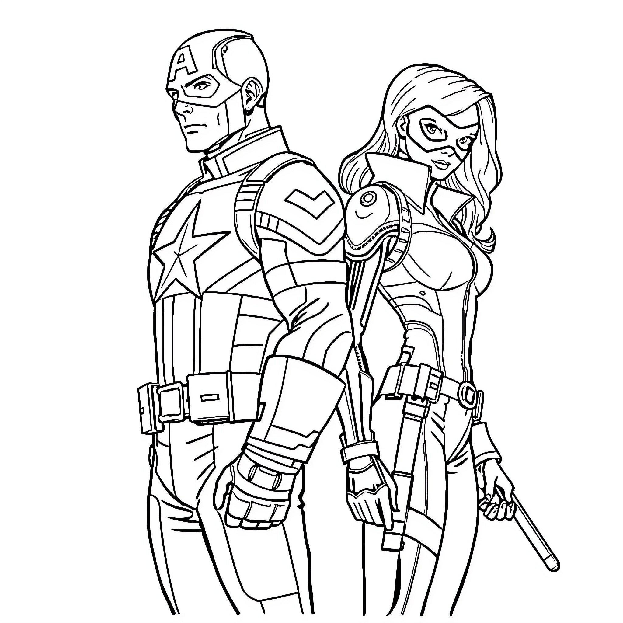 Captain America and Black Widow in heroic poses Coloring Page (free black-and-white line drawing printable PDF for all, from beginners to advanced learners, including children, teens, adults, and seniors)