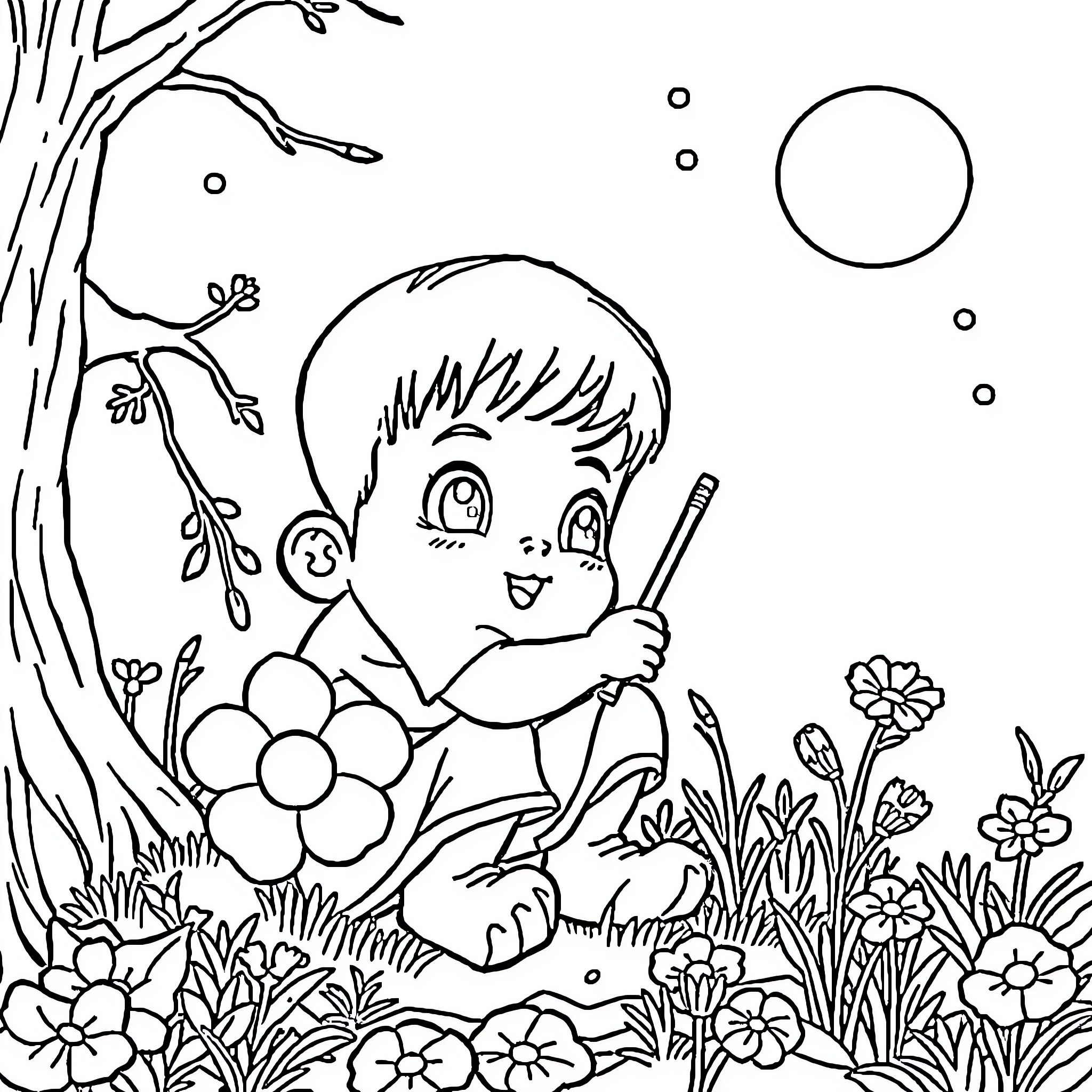 For Kids: Boy exploring nature with a smile Coloring Page (free black-and-white line drawing printable PDF for all, from beginners to advanced learners, including children, teens, adults, and seniors)