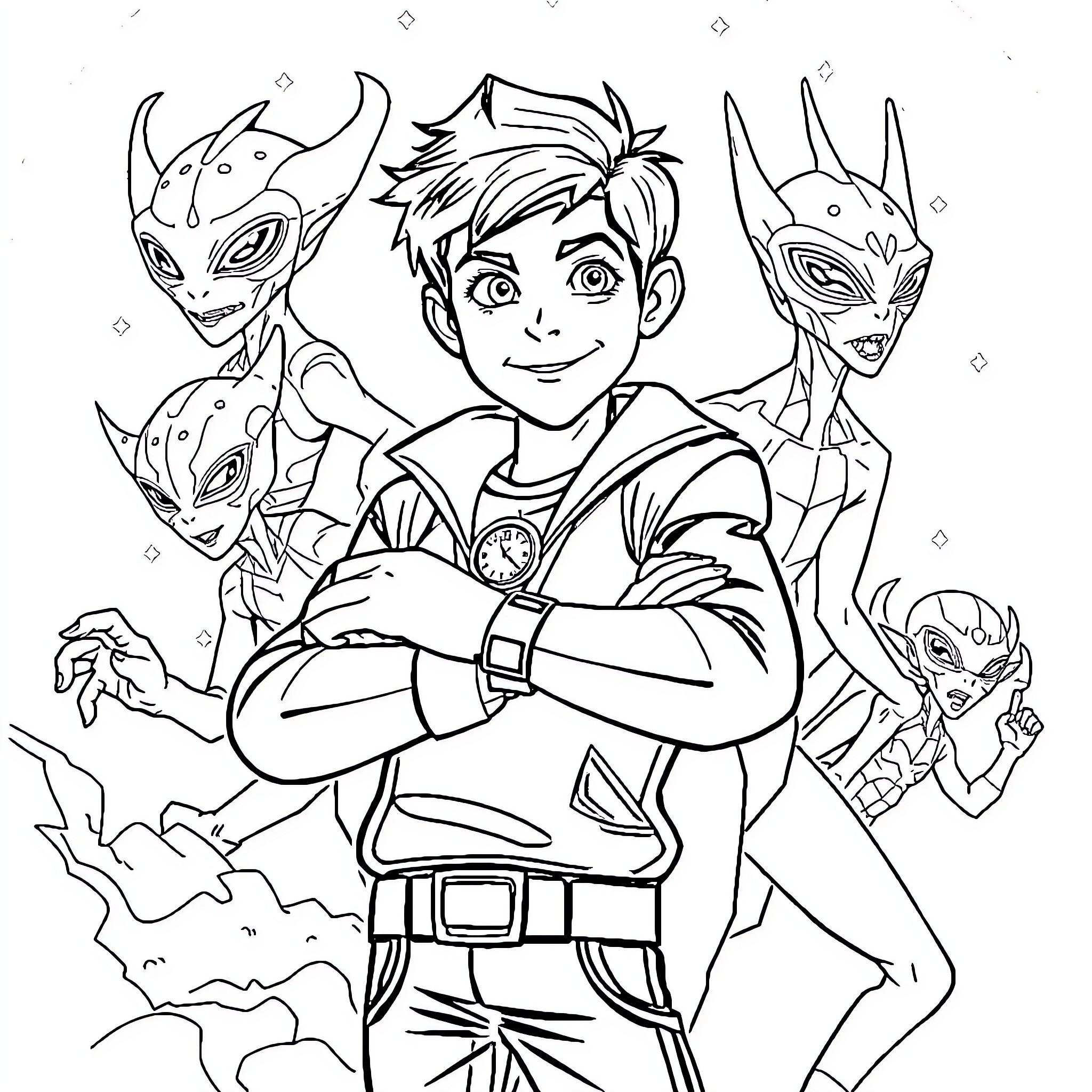 Ben10 adventures with alien companions Coloring Page (free black-and-white line drawing printable PDF for all, from beginners to advanced learners, including children, teens, adults, and seniors)
