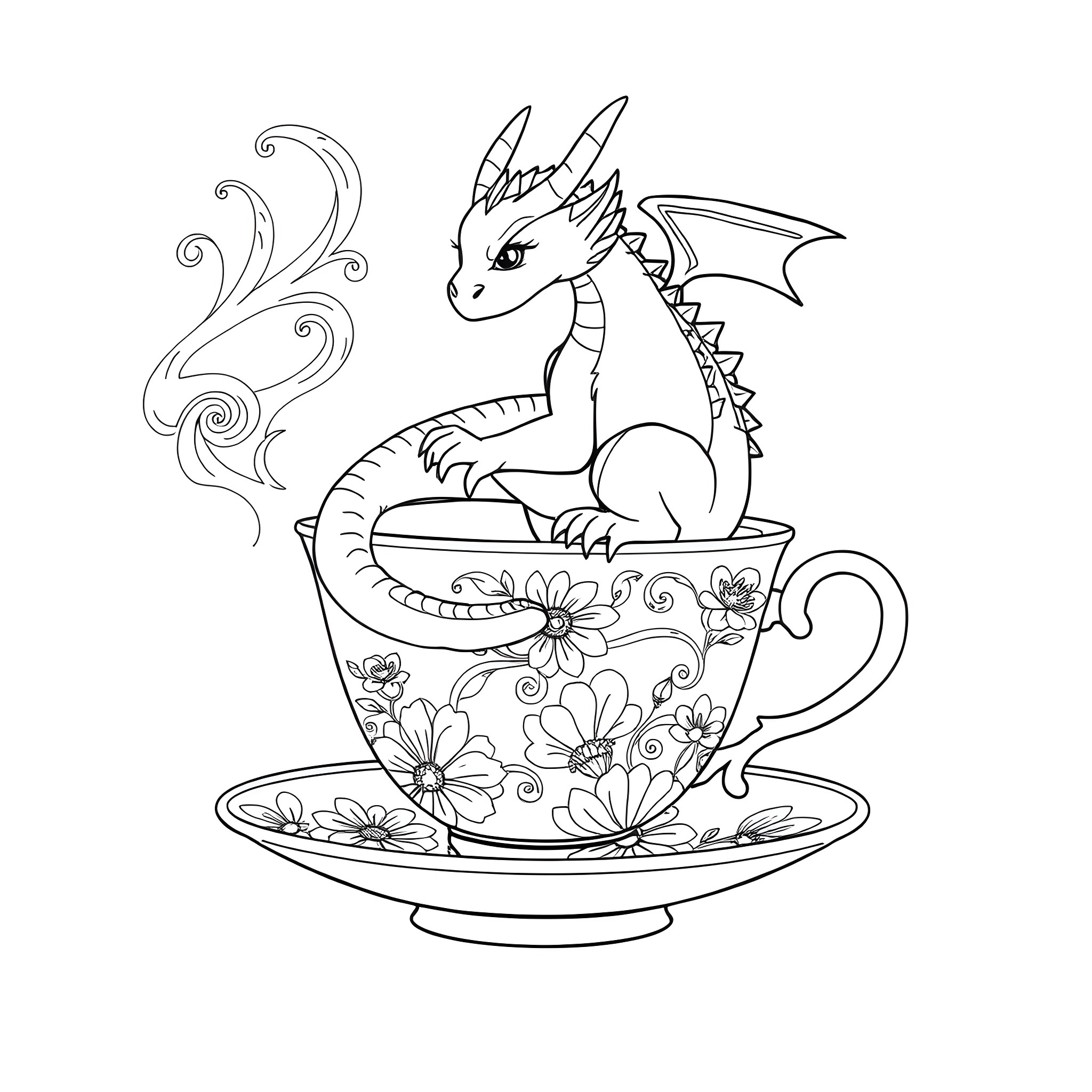 Dragon resting peacefully in a floral teacup Coloring Page (free black-and-white line drawing printable PDF for all, from beginners to advanced learners, including children, teens, adults, and seniors)