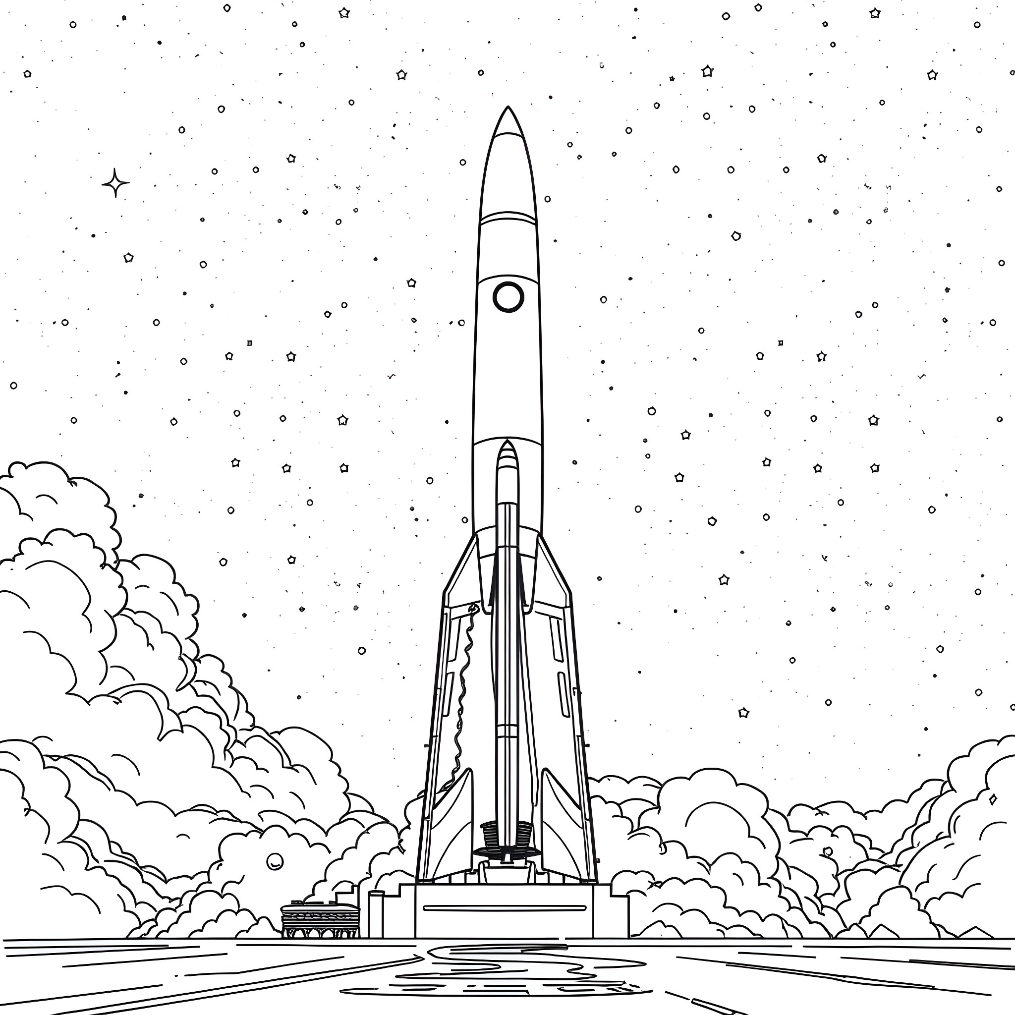 Rocket launching into the starry night sky Coloring Page (free black-and-white line drawing printable PDF for all, from beginners to advanced learners, including children, teens, adults, and seniors)