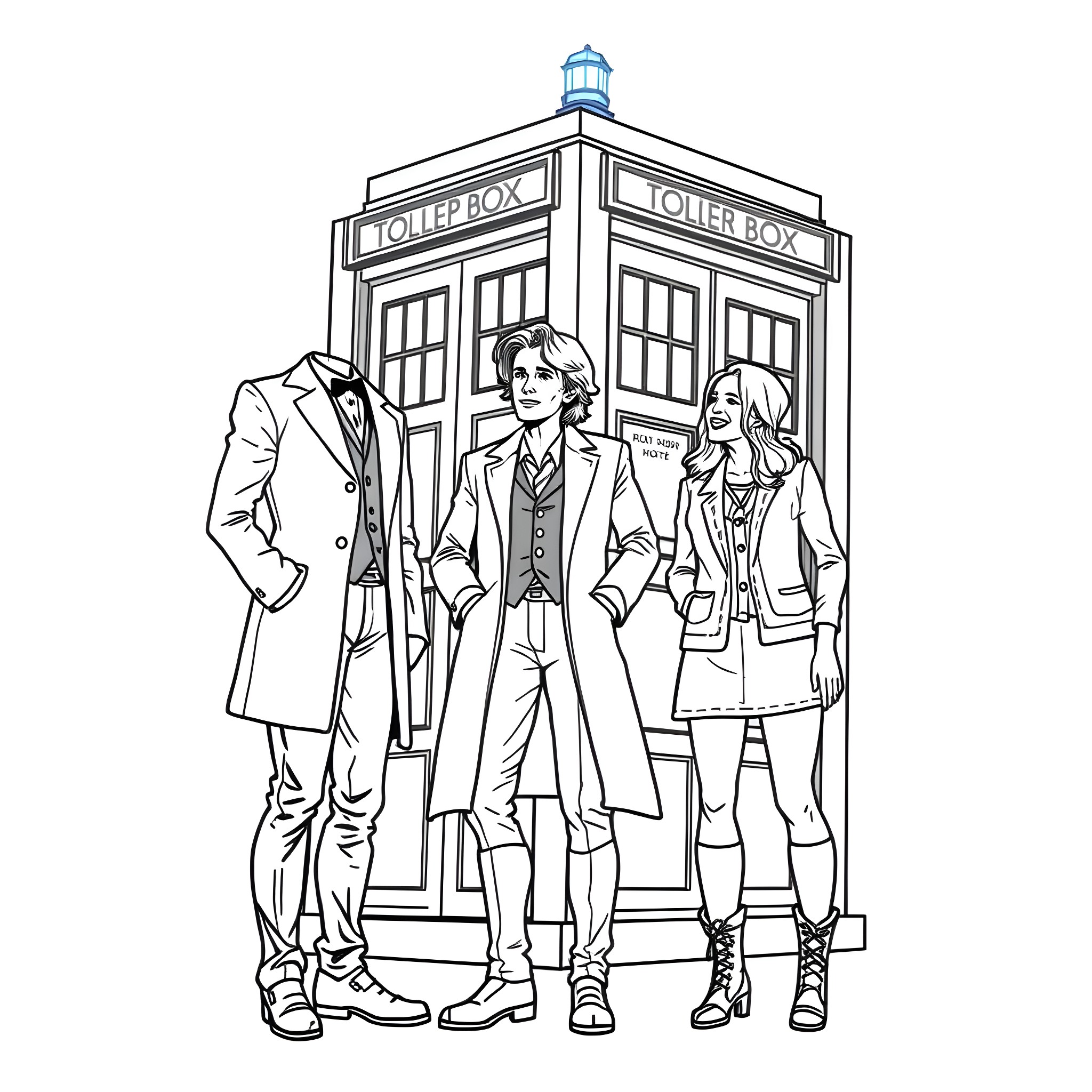 Doctor Visiting the Iconic Police Box Coloring Page (free black-and-white line drawing printable PDF for all, from beginners to advanced learners, including children, teens, adults, and seniors)