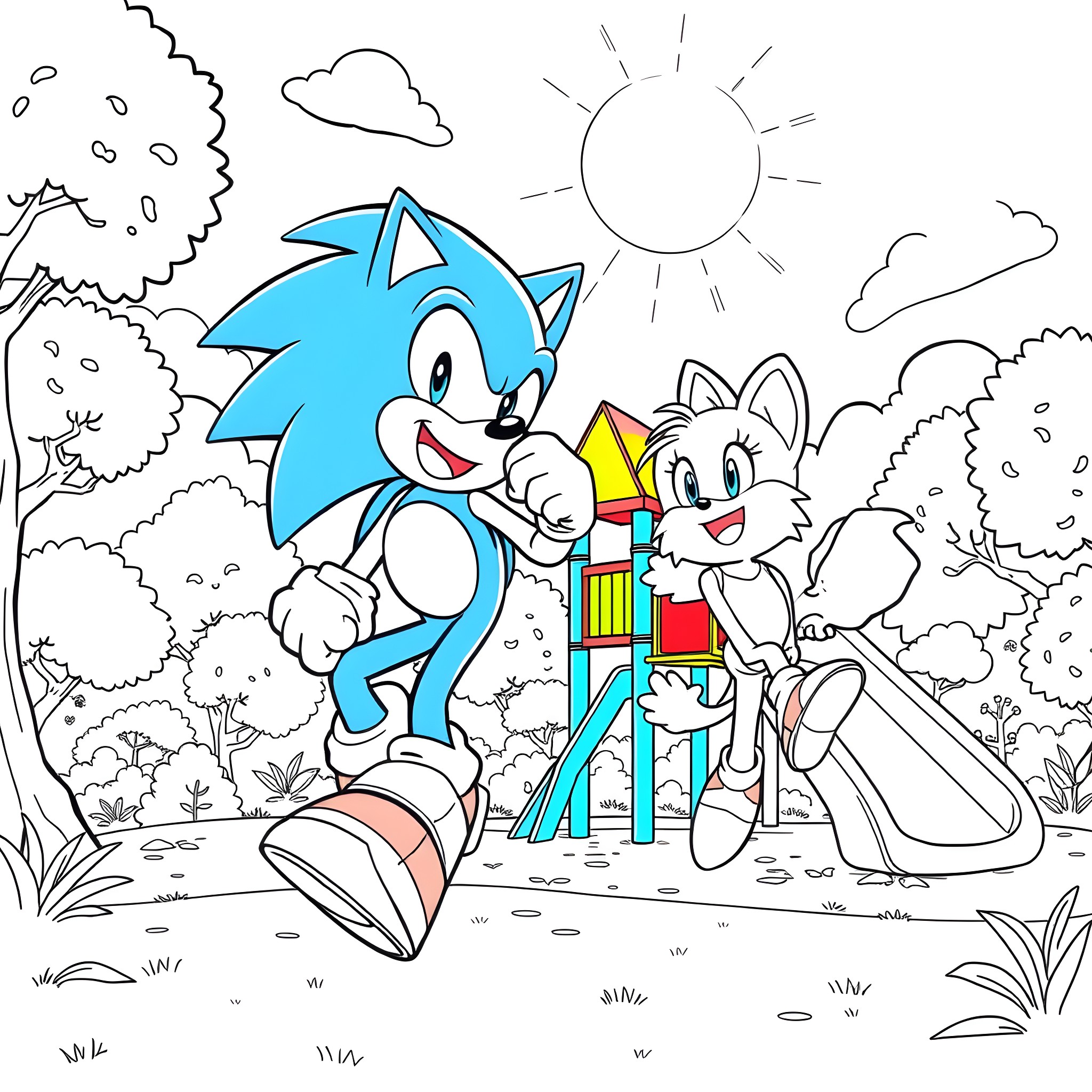 Sonic and friends exploring the outdoor nature Coloring Page (free black-and-white line drawing printable PDF for all, from beginners to advanced learners, including children, teens, adults, and seniors)