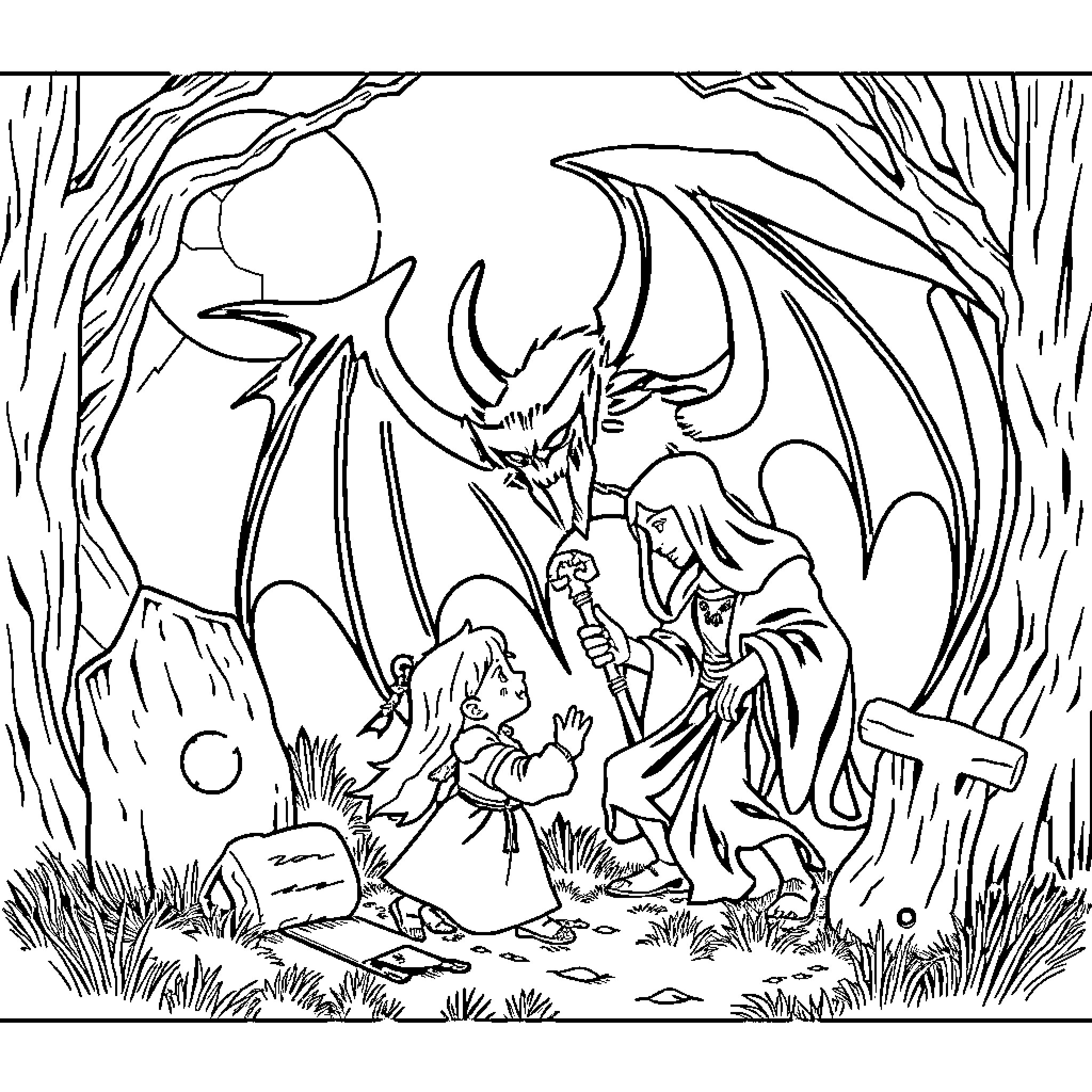 Wicked Fairy Tale Encounter in the Enchanted Forest Coloring Page (free black-and-white line drawing printable PDF for all, from beginners to advanced learners, including children, teens, adults, and seniors)