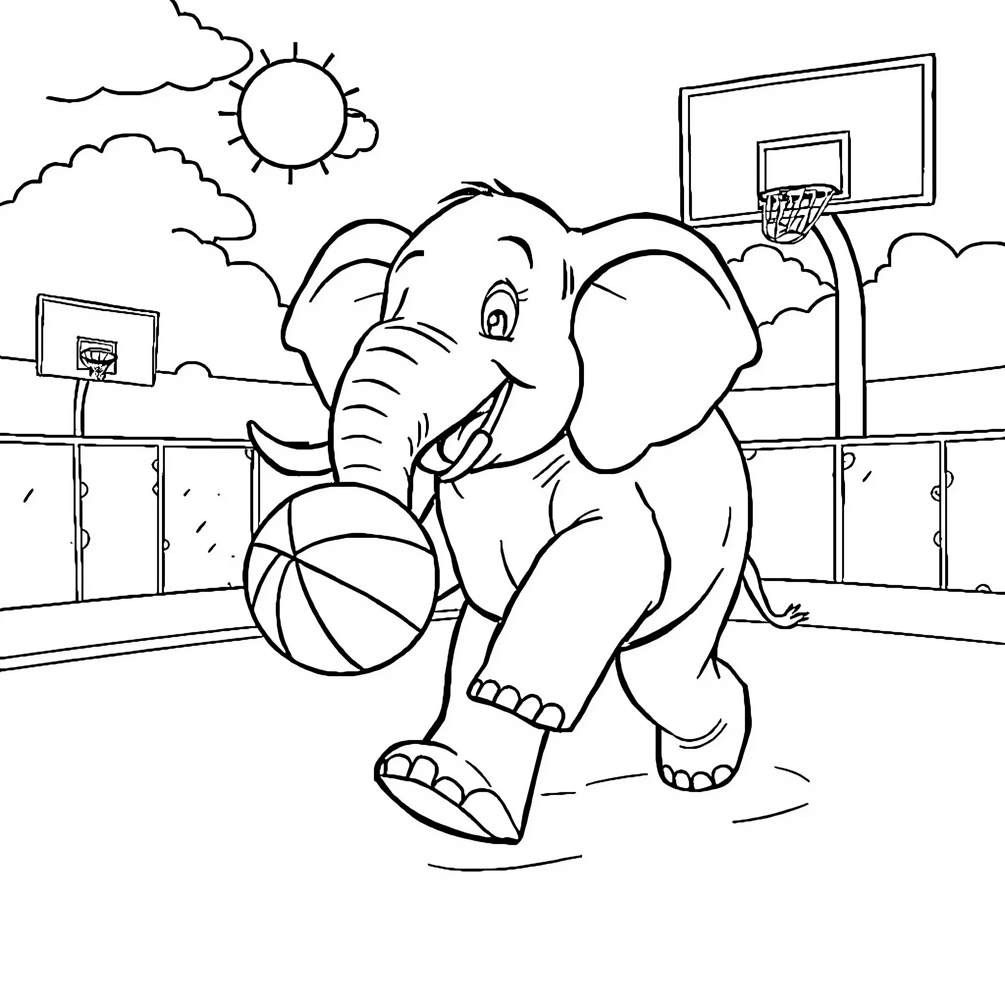 Elephant playing basketball on outdoor court Coloring Page (free black-and-white line drawing printable PDF for all, from beginners to advanced learners, including children, teens, adults, and seniors)