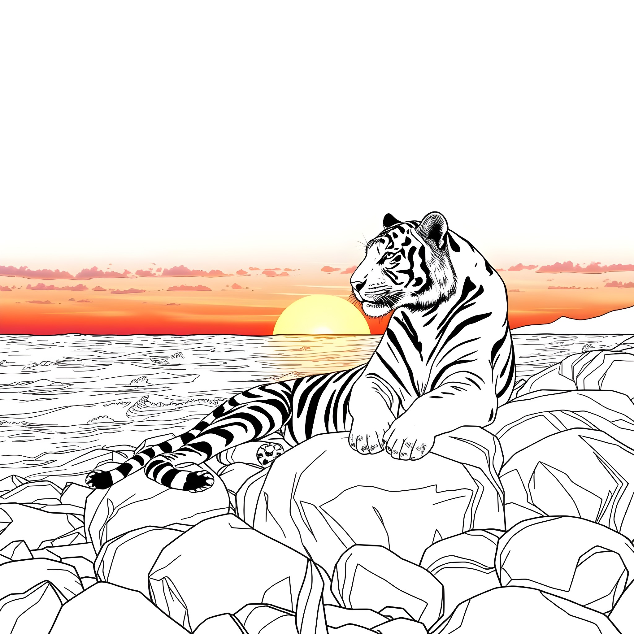 Tiger overlooking serene sunset landscape Coloring Page (free black-and-white line drawing printable PDF for all, from beginners to advanced learners, including children, teens, adults, and seniors)