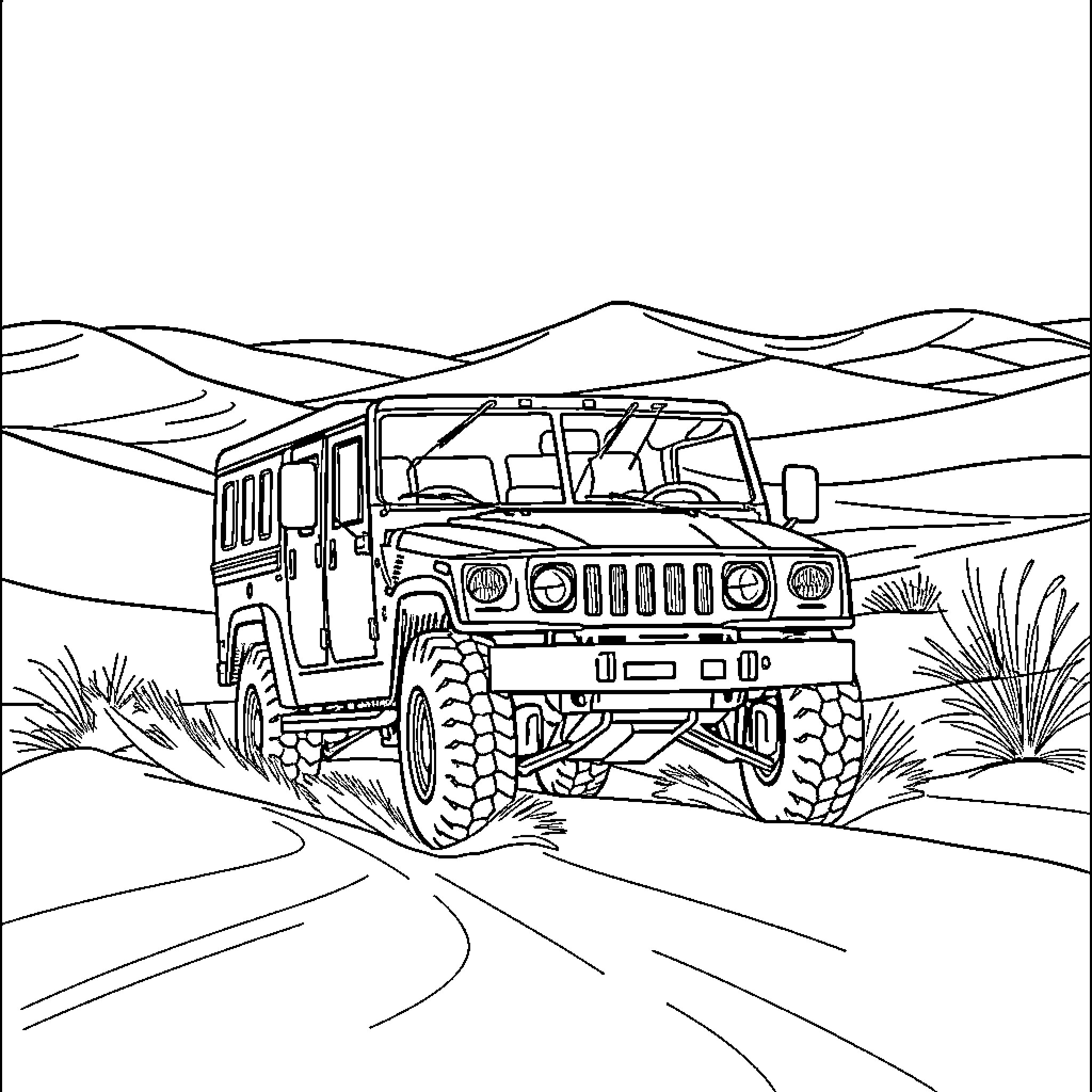 Hmmwv Traversing the Rugged Terrain Coloring Page (free black-and-white line drawing printable PDF for all, from beginners to advanced learners, including children, teens, adults, and seniors)