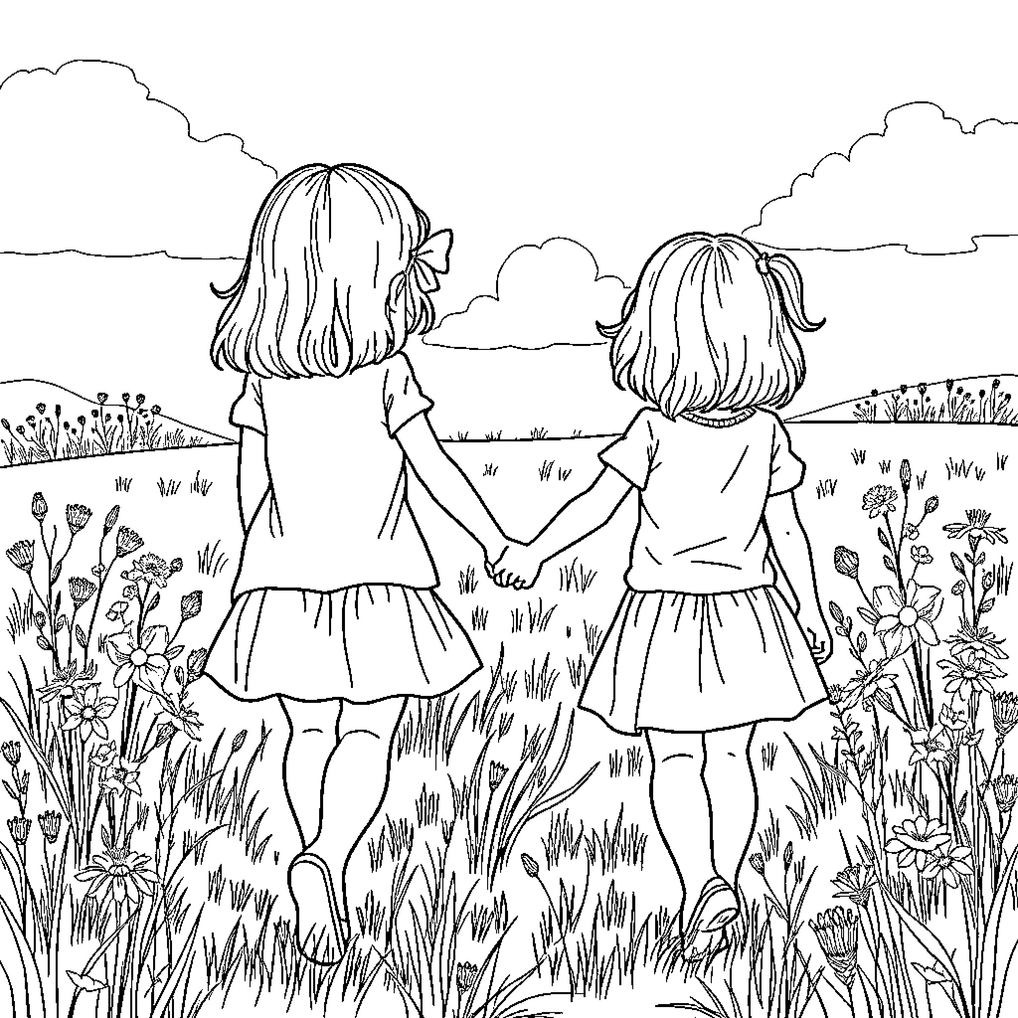 Sister's Joyful Adventure in the Meadow Coloring Page (free black-and-white line drawing printable PDF for all, from beginners to advanced learners, including children, teens, adults, and seniors)