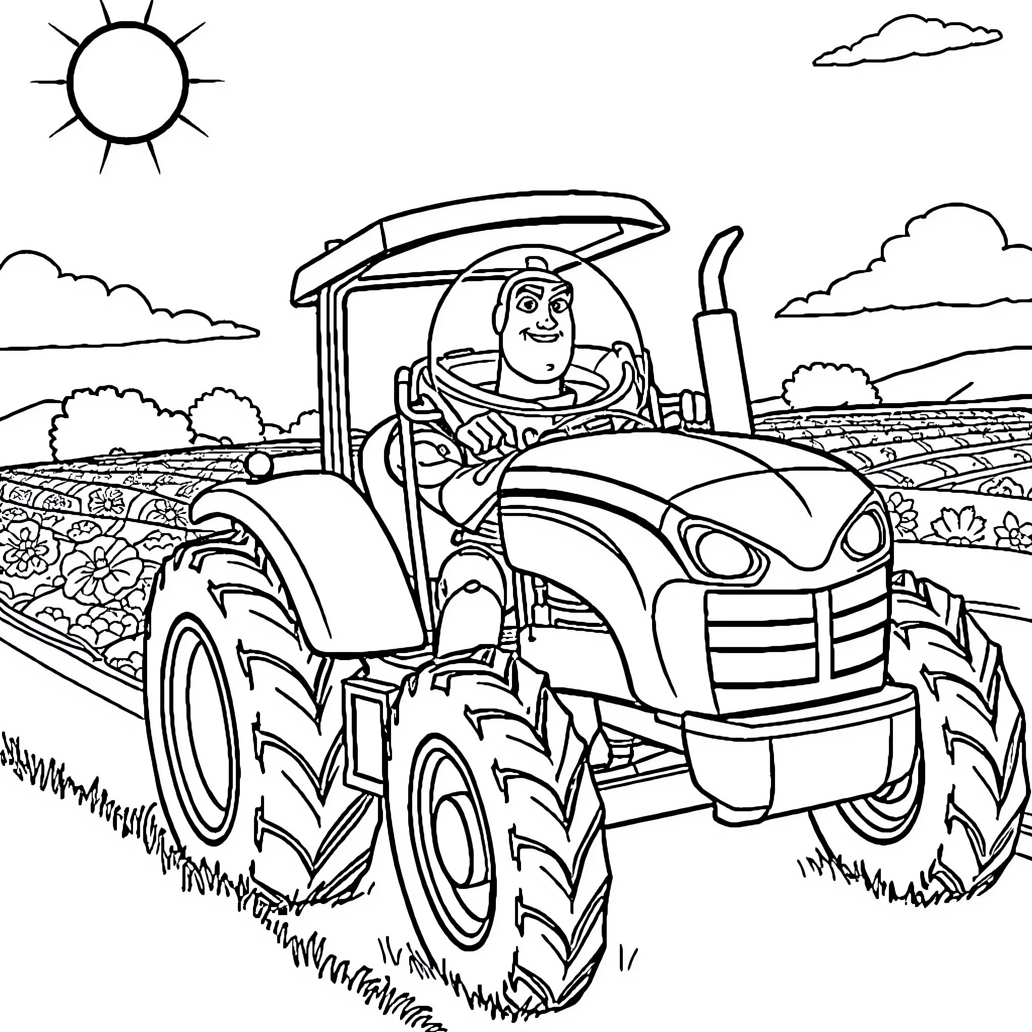 Buzz Lightyear driving a tractor through the countryside Coloring Page (free black-and-white line drawing printable PDF for all, from beginners to advanced learners, including children, teens, adults, and seniors)