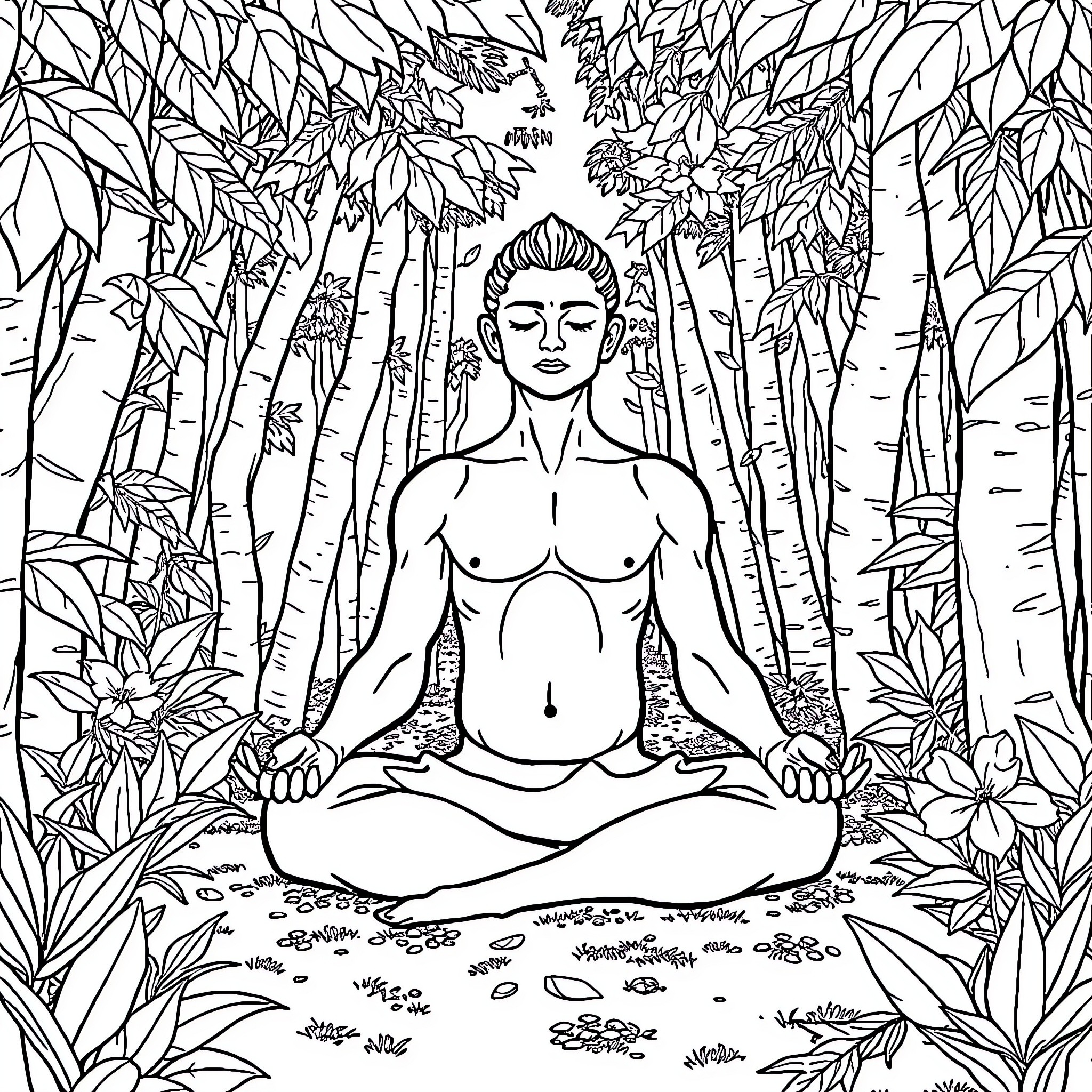 Raccoon meditating in peaceful forest Coloring Page (free black-and-white line drawing printable PDF for all, from beginners to advanced learners, including children, teens, adults, and seniors)
