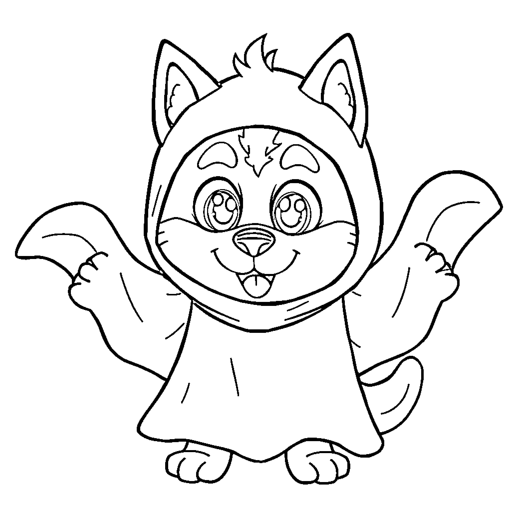Husky puppy in a ghost costume Coloring Page (free black-and-white line drawing printable PDF for all, from beginners to advanced learners, including children, teens, adults, and seniors)