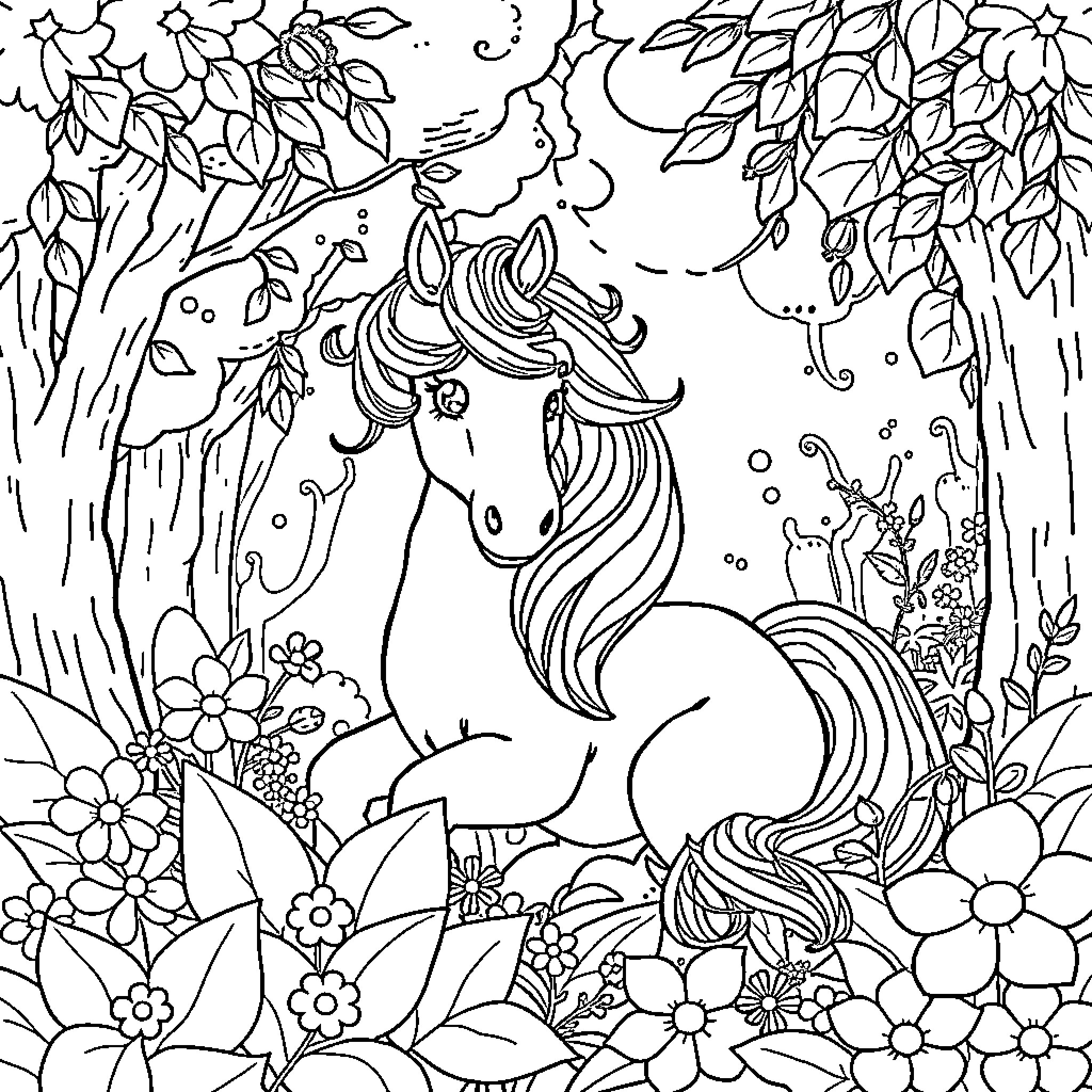 Unicorn in Enchanted Forest Meadow Coloring Page (free black-and-white line drawing printable PDF for all, from beginners to advanced learners, including children, teens, adults, and seniors)
