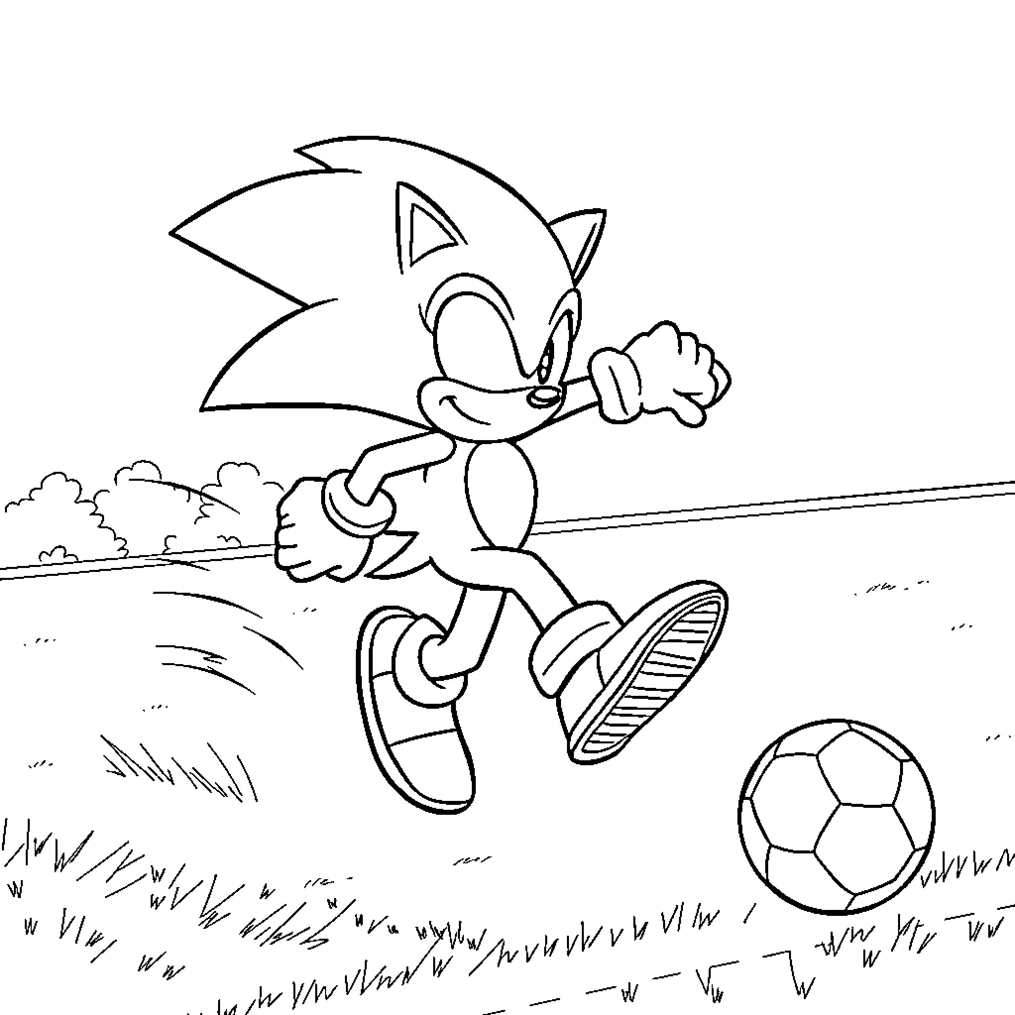 Sonic speeding and kicking soccer ball on field Coloring Page (free black-and-white line drawing printable PDF for all, from beginners to advanced learners, including children, teens, adults, and seniors)