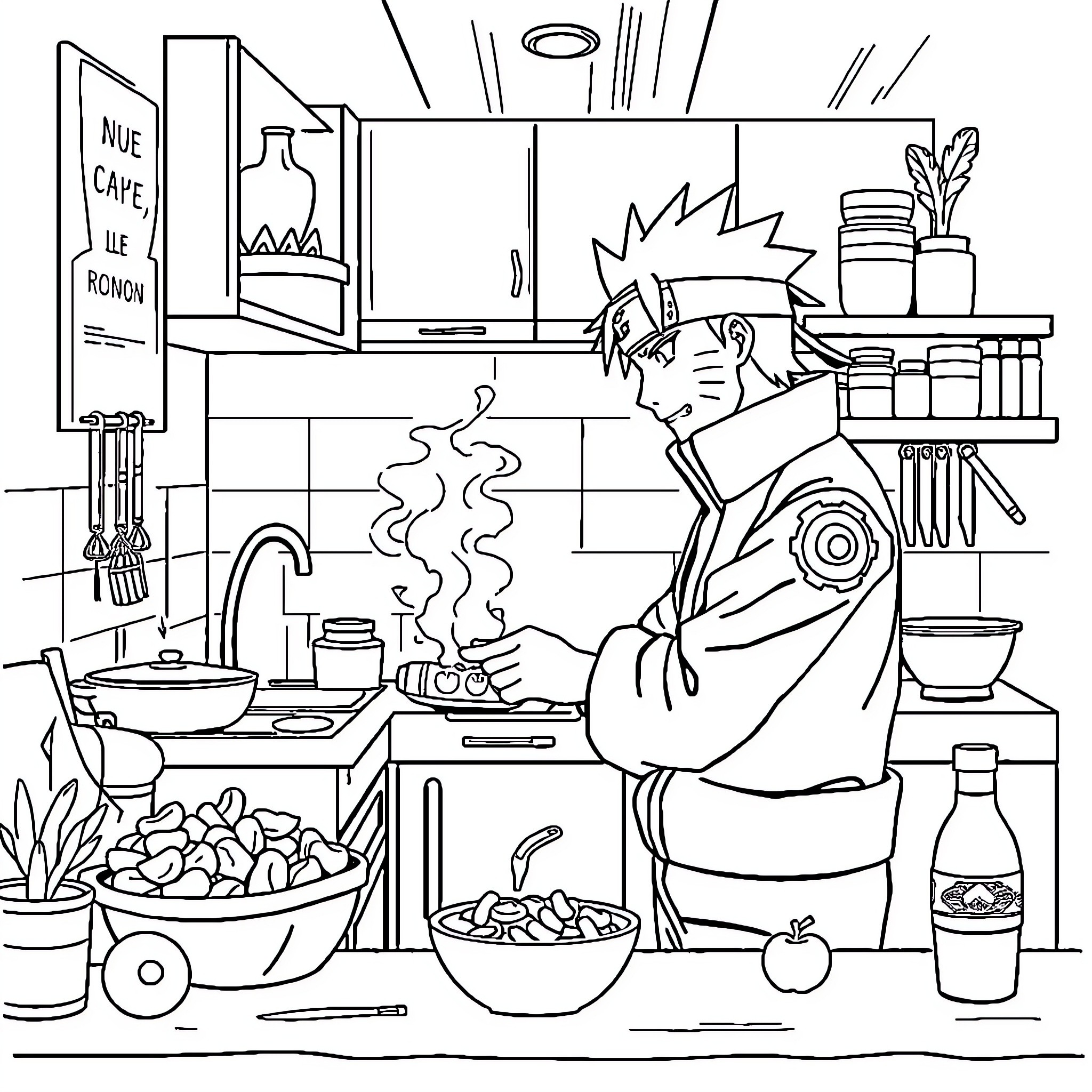 Naruto cooking in a lively kitchen scene Coloring Page (free black-and-white line drawing printable PDF for all, from beginners to advanced learners, including children, teens, adults, and seniors)