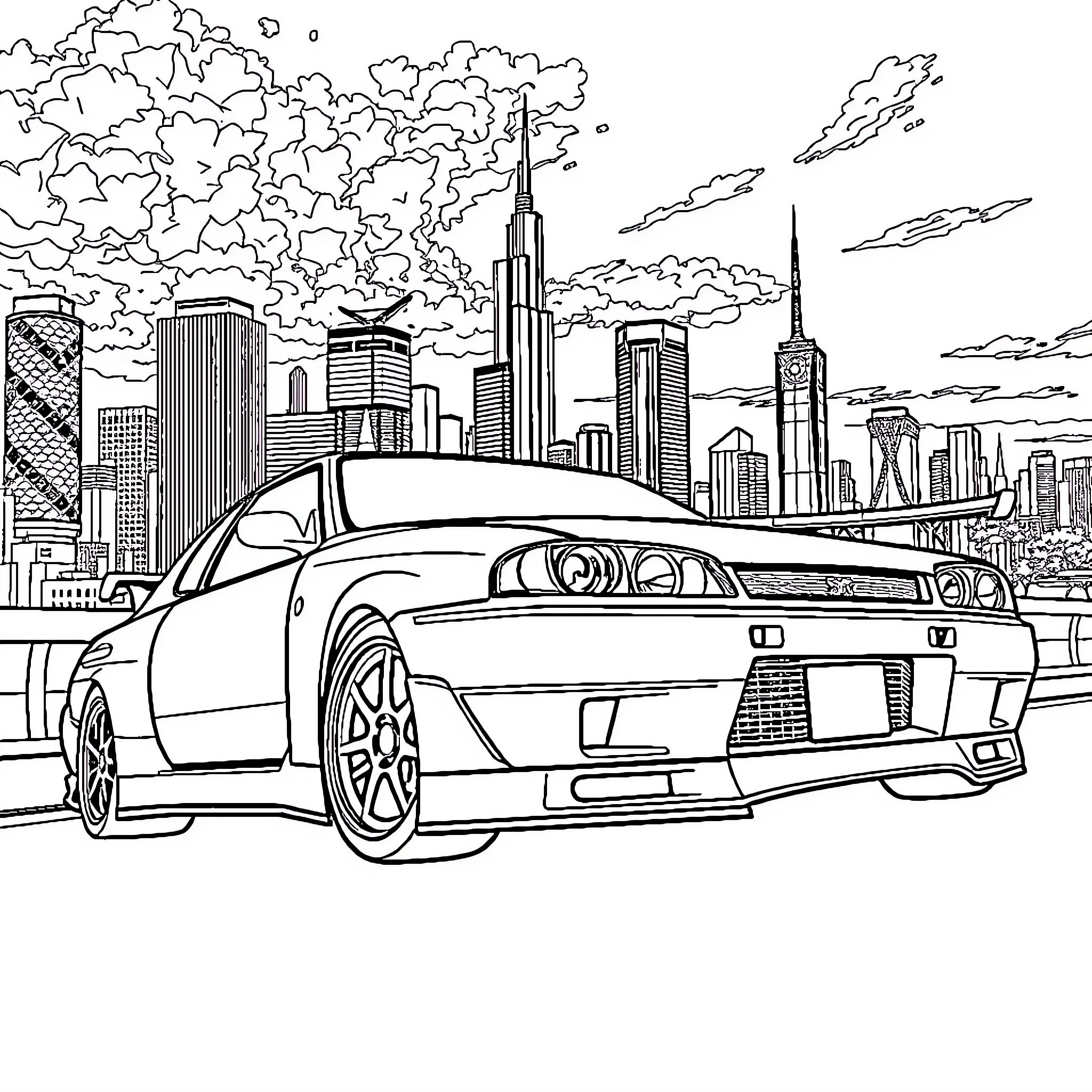 Skyline with sporty car in urban landscape Coloring Page (free black-and-white line drawing printable PDF for all, from beginners to advanced learners, including children, teens, adults, and seniors)