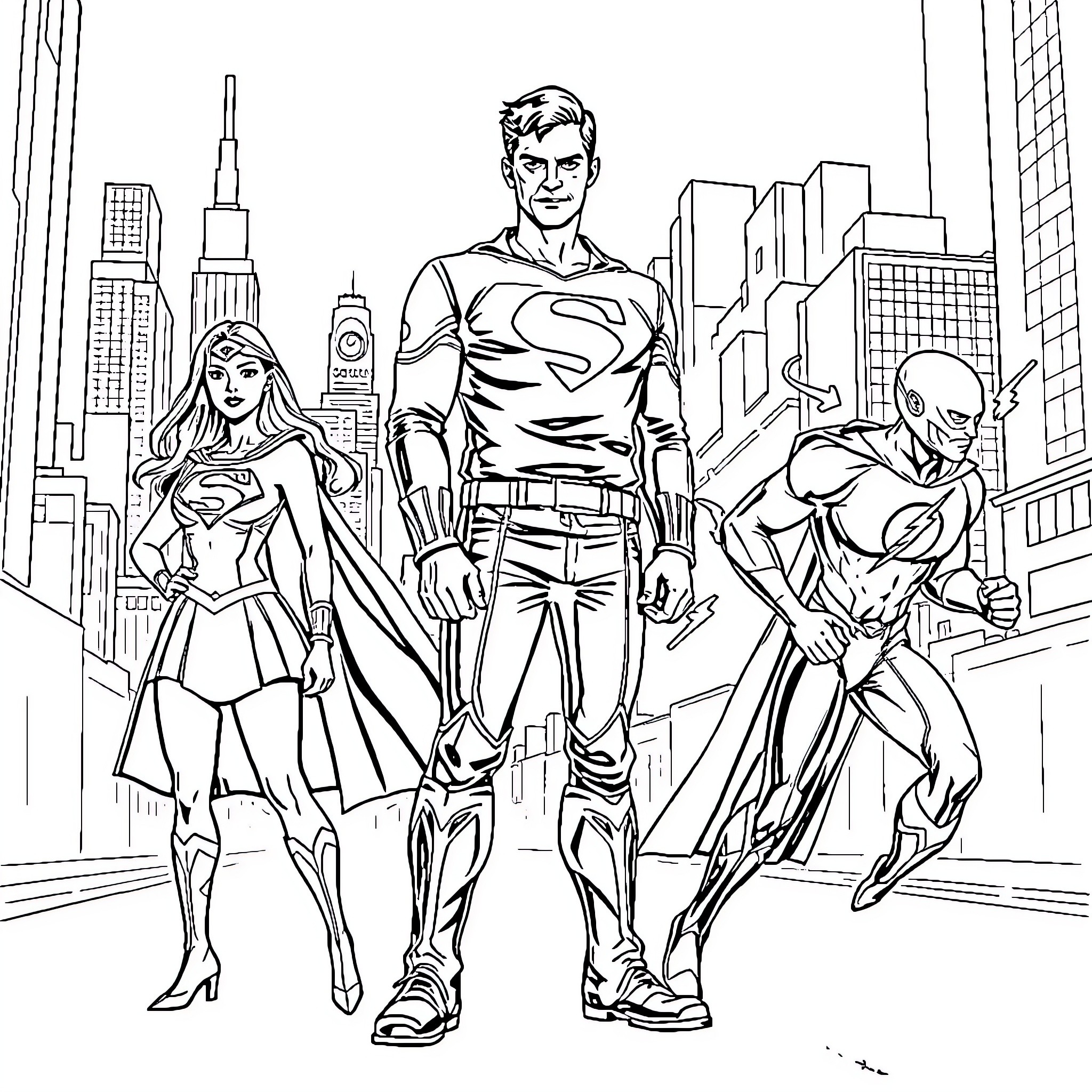 Oliver Queen leads his superhero team in the city Coloring Page (free black-and-white line drawing printable PDF for all, from beginners to advanced learners, including children, teens, adults, and seniors)