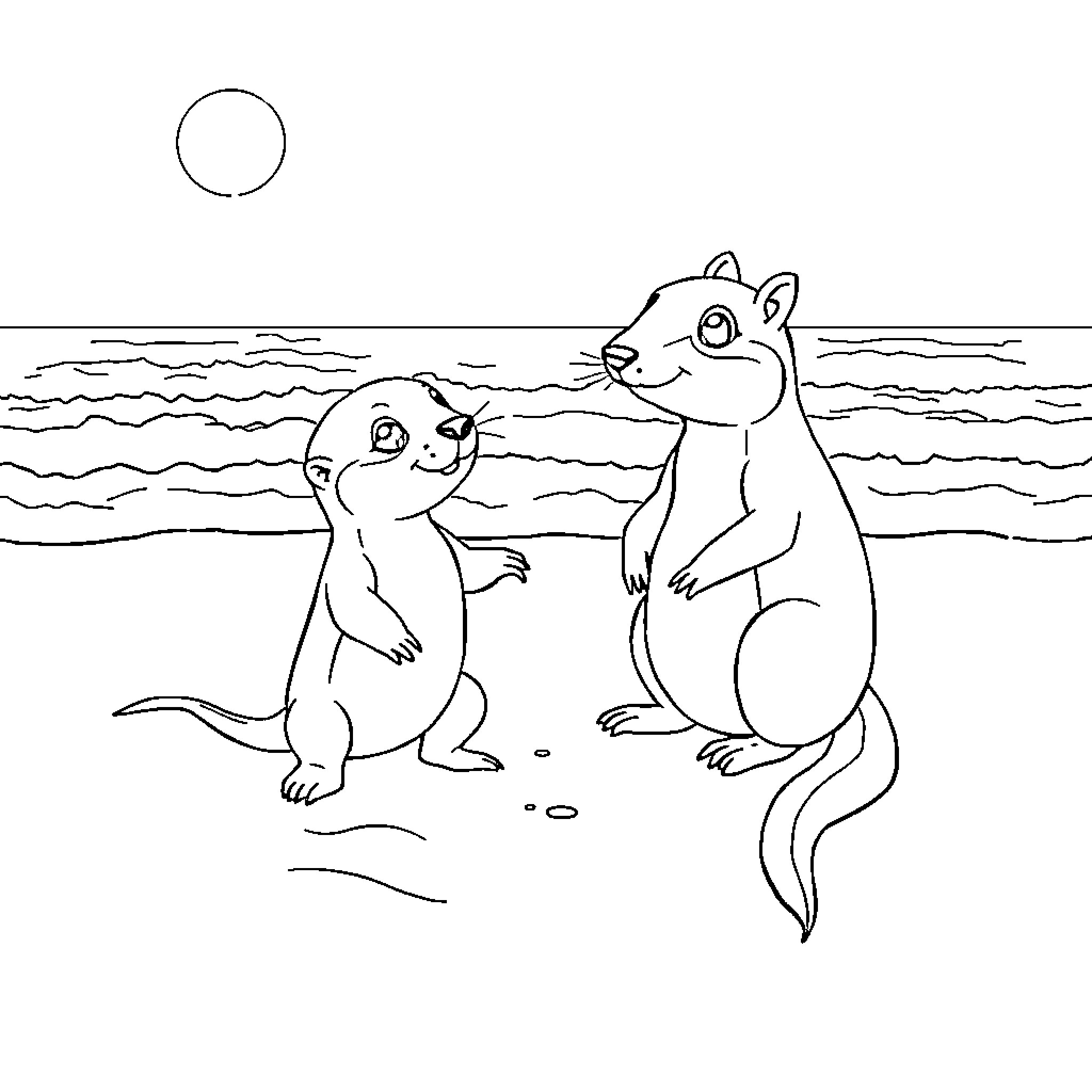 Perrito squirrels enjoying nature by the beach Coloring Page (free black-and-white line drawing printable PDF for all, from beginners to advanced learners, including children, teens, adults, and seniors)
