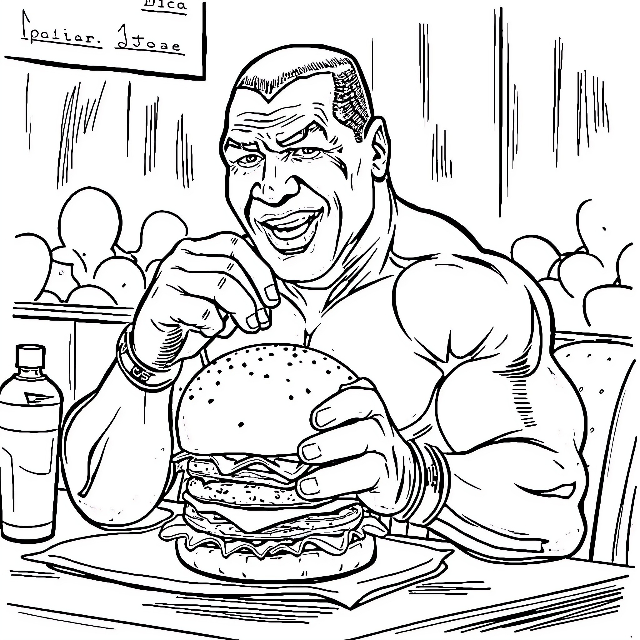 Mike Tyson Enjoying a Hearty Meal Coloring Page (free black-and-white line drawing printable PDF for all, from beginners to advanced learners, including children, teens, adults, and seniors)