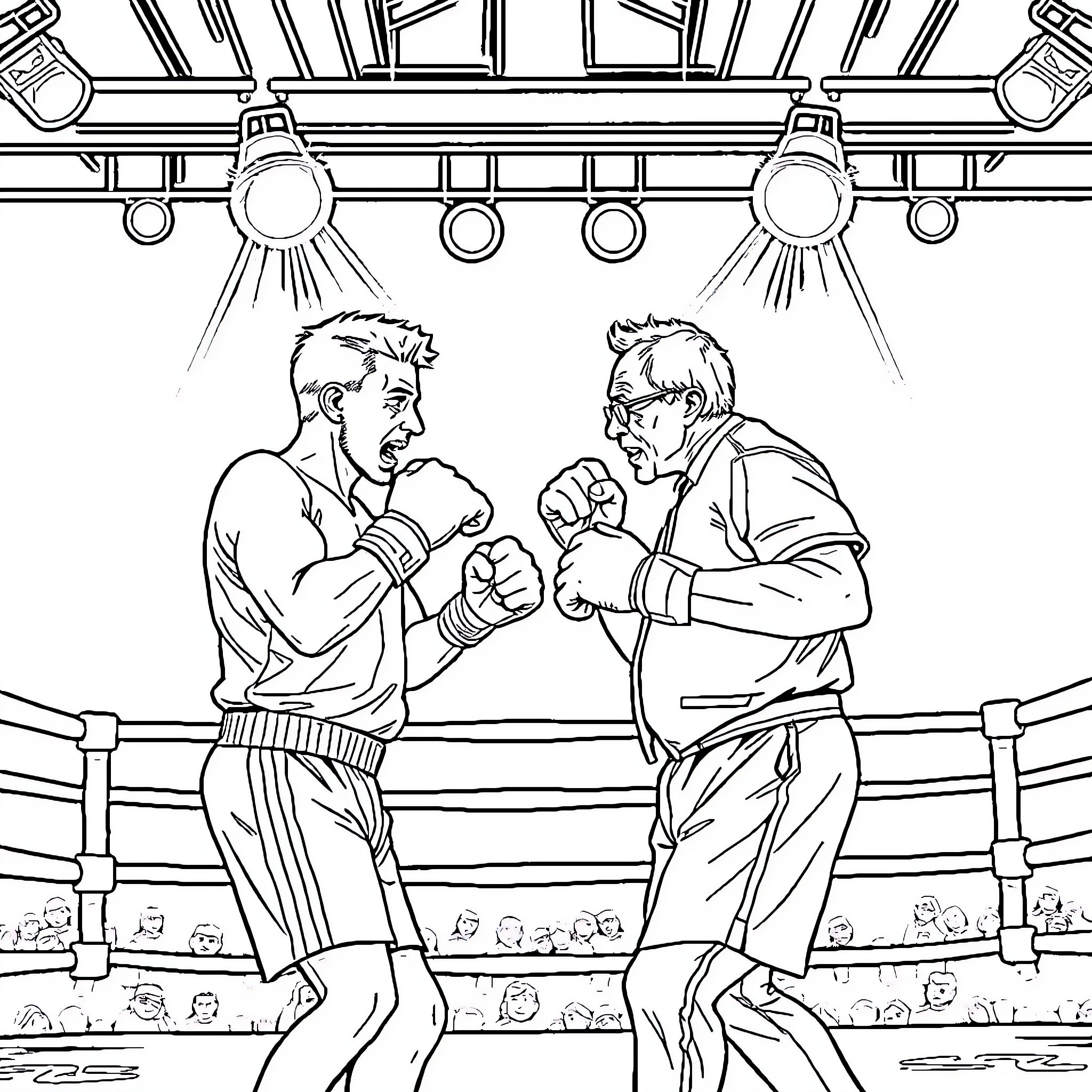 Jake Paul's intense boxing match on the ring Coloring Page (free black-and-white line drawing printable PDF for all, from beginners to advanced learners, including children, teens, adults, and seniors)
