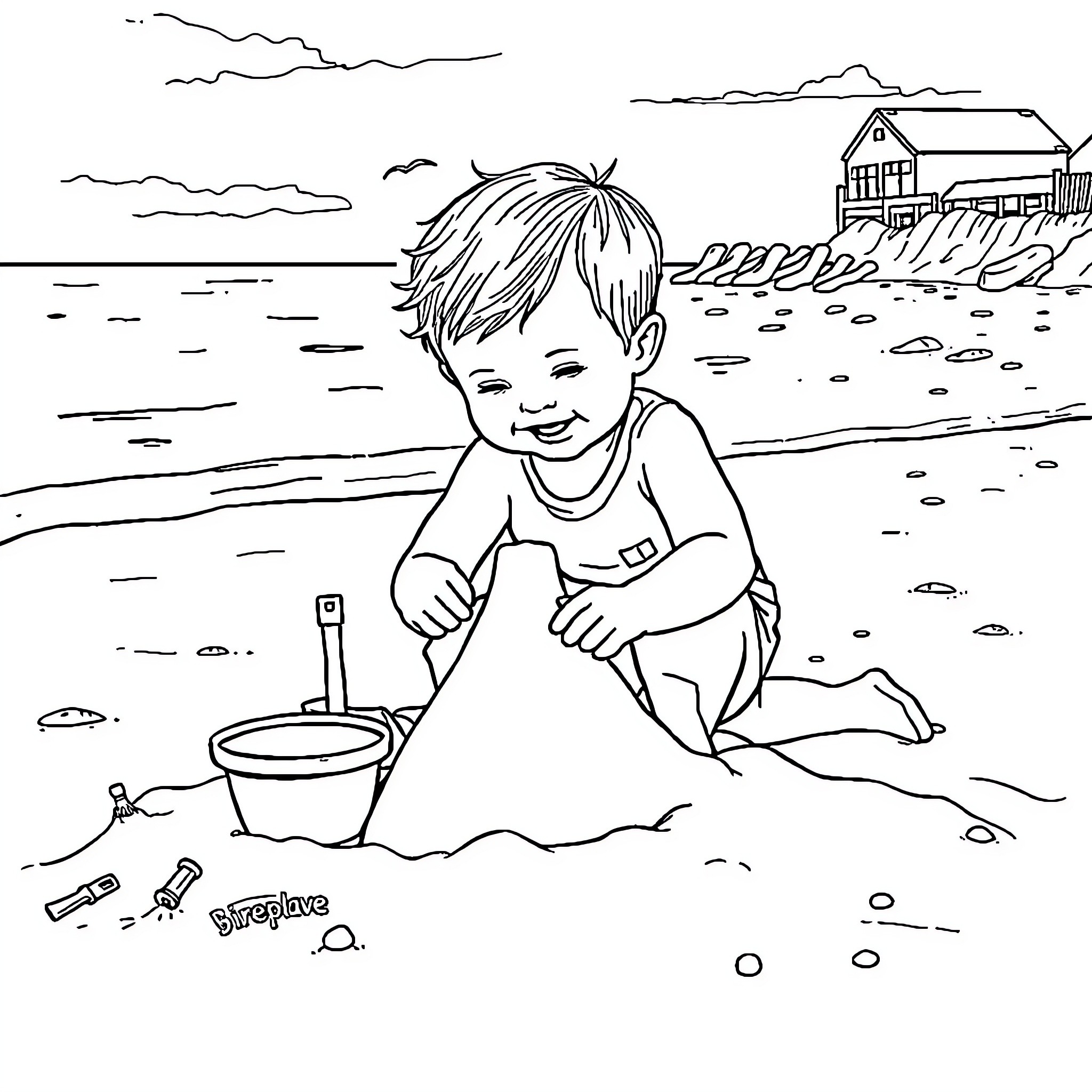 Child playing in the sand on the beach Coloring Page (free black-and-white line drawing printable PDF for all, from beginners to advanced learners, including children, teens, adults, and seniors)