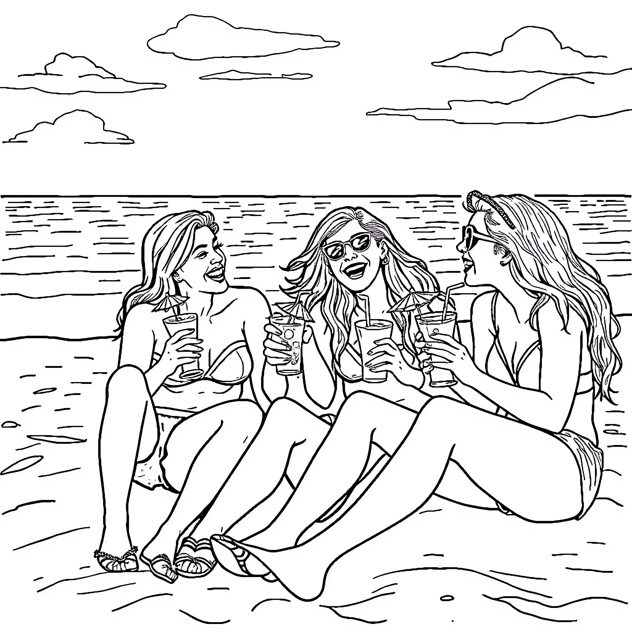 Friend's Laughter by the Seaside Coloring Page (free black-and-white line drawing printable PDF for all, from beginners to advanced learners, including children, teens, adults, and seniors)