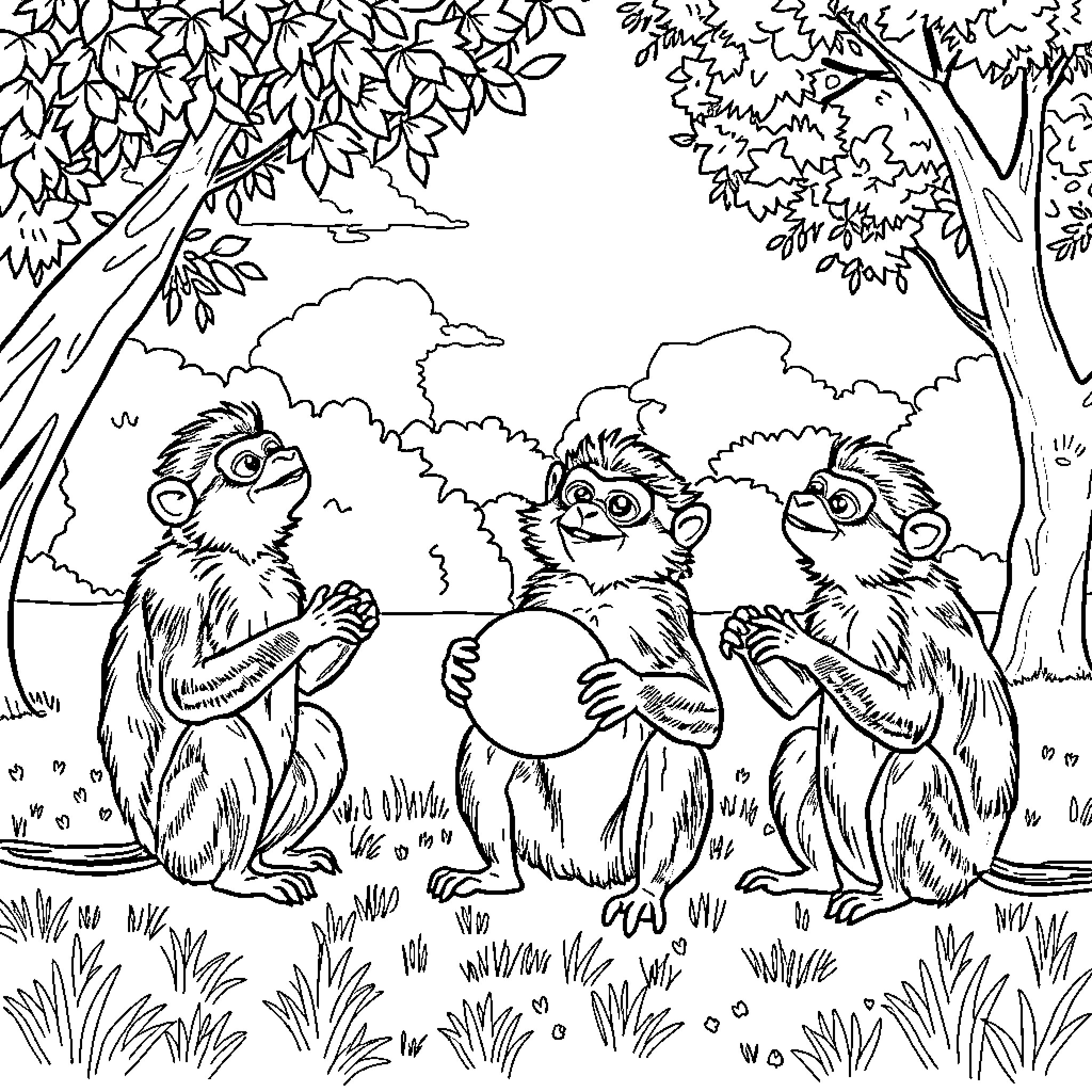 Valerina Capuchina's Adventure with Curious Monkeys Coloring Page (free black-and-white line drawing printable PDF for all, from beginners to advanced learners, including children, teens, adults, and seniors)