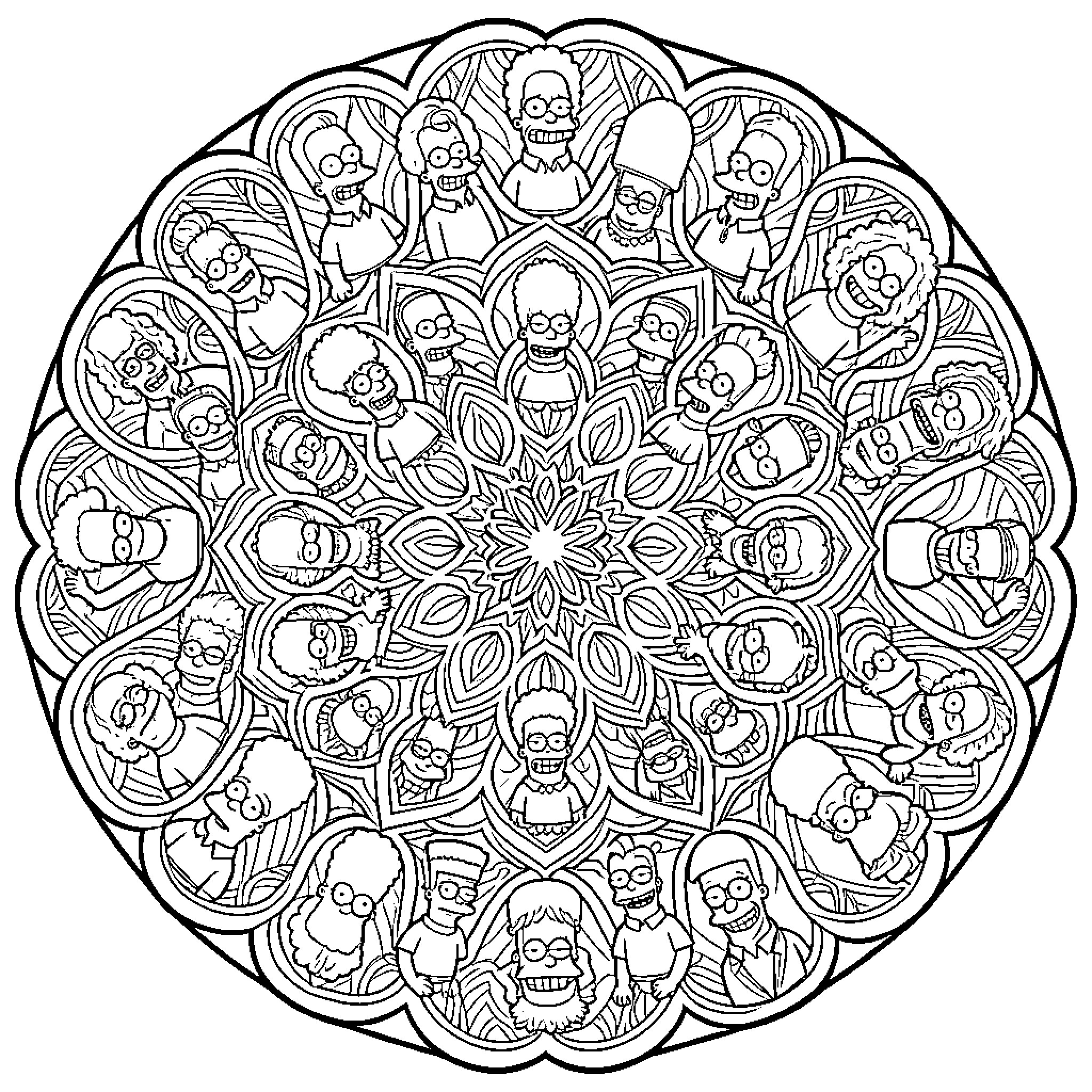 Simpsons characters arranged in a circular mandala pattern Coloring Page (free black-and-white line drawing printable PDF for all, from beginners to advanced learners, including children, teens, adults, and seniors)