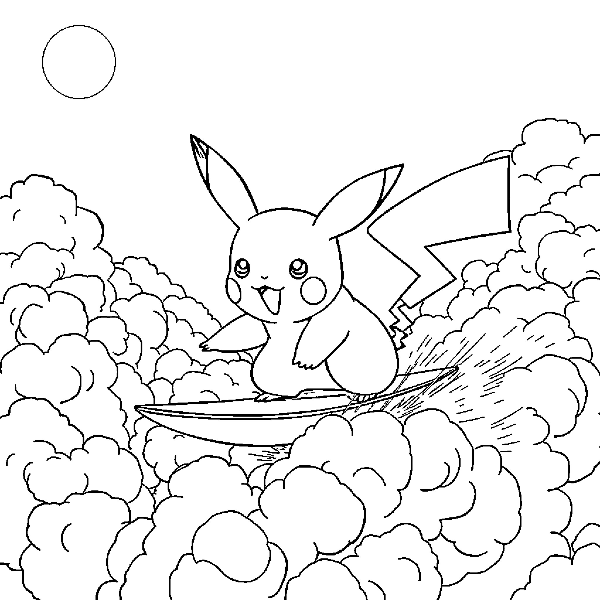 Pikachu surfing through the clouds Coloring Page (free black-and-white line drawing printable PDF for all, from beginners to advanced learners, including children, teens, adults, and seniors)