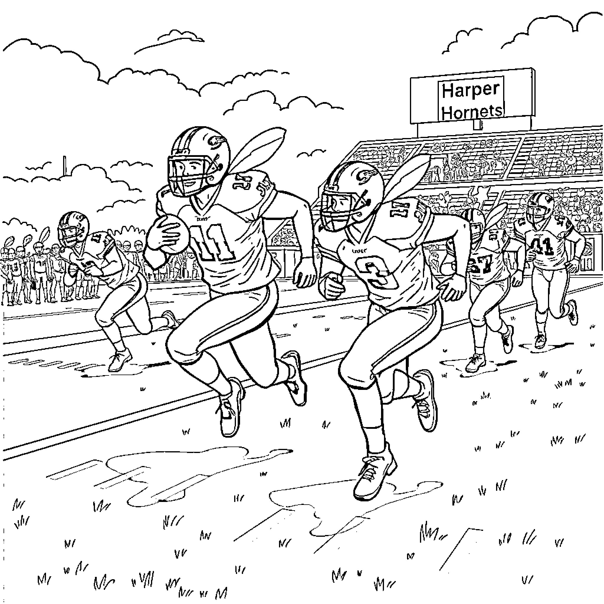 Hornet players competing in intense football game Coloring Page (free black-and-white line drawing printable PDF for all, from beginners to advanced learners, including children, teens, adults, and seniors)