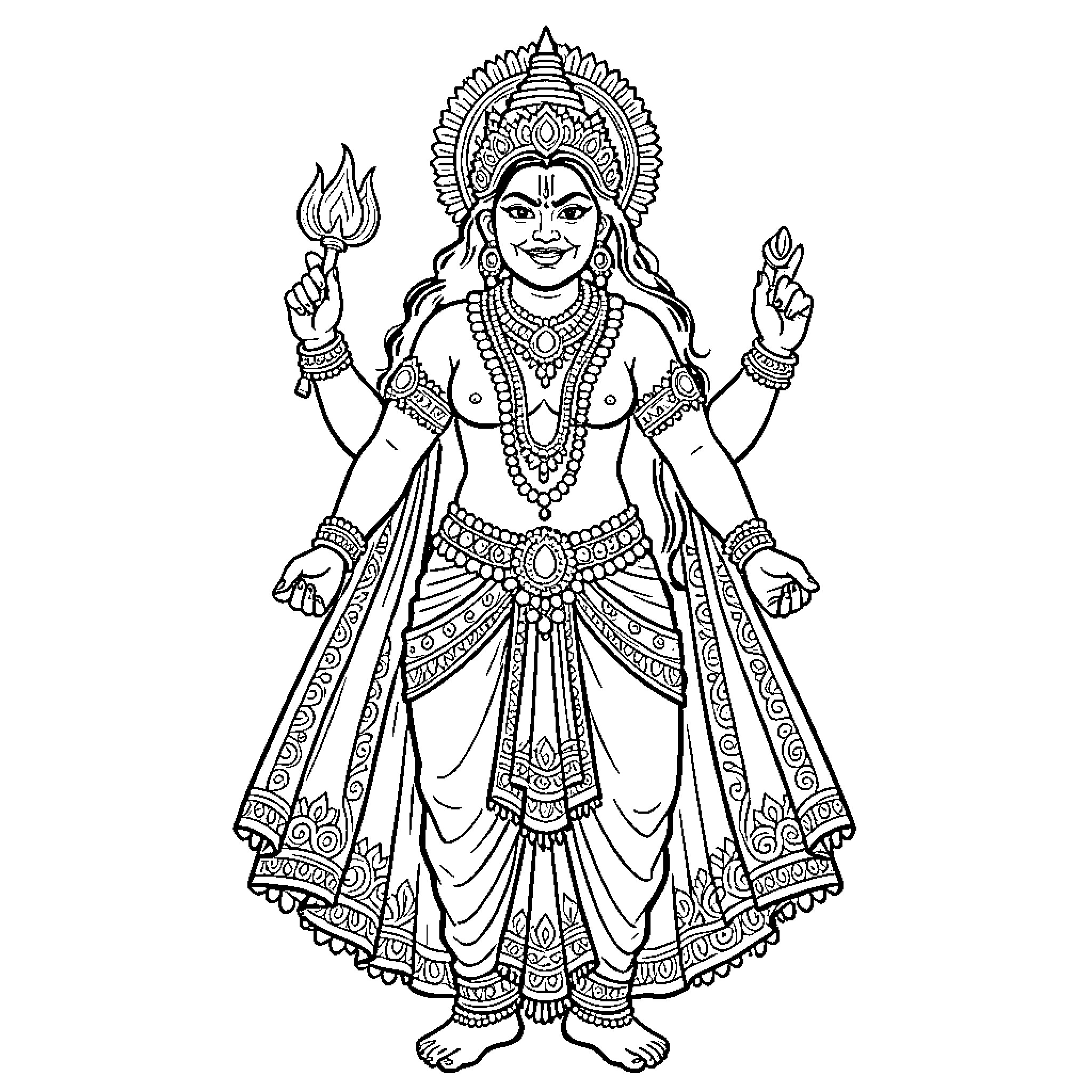 Goddess of Enlightenment in Ornate Attire Coloring Page (free black-and-white line drawing printable PDF for all, from beginners to advanced learners, including children, teens, adults, and seniors)