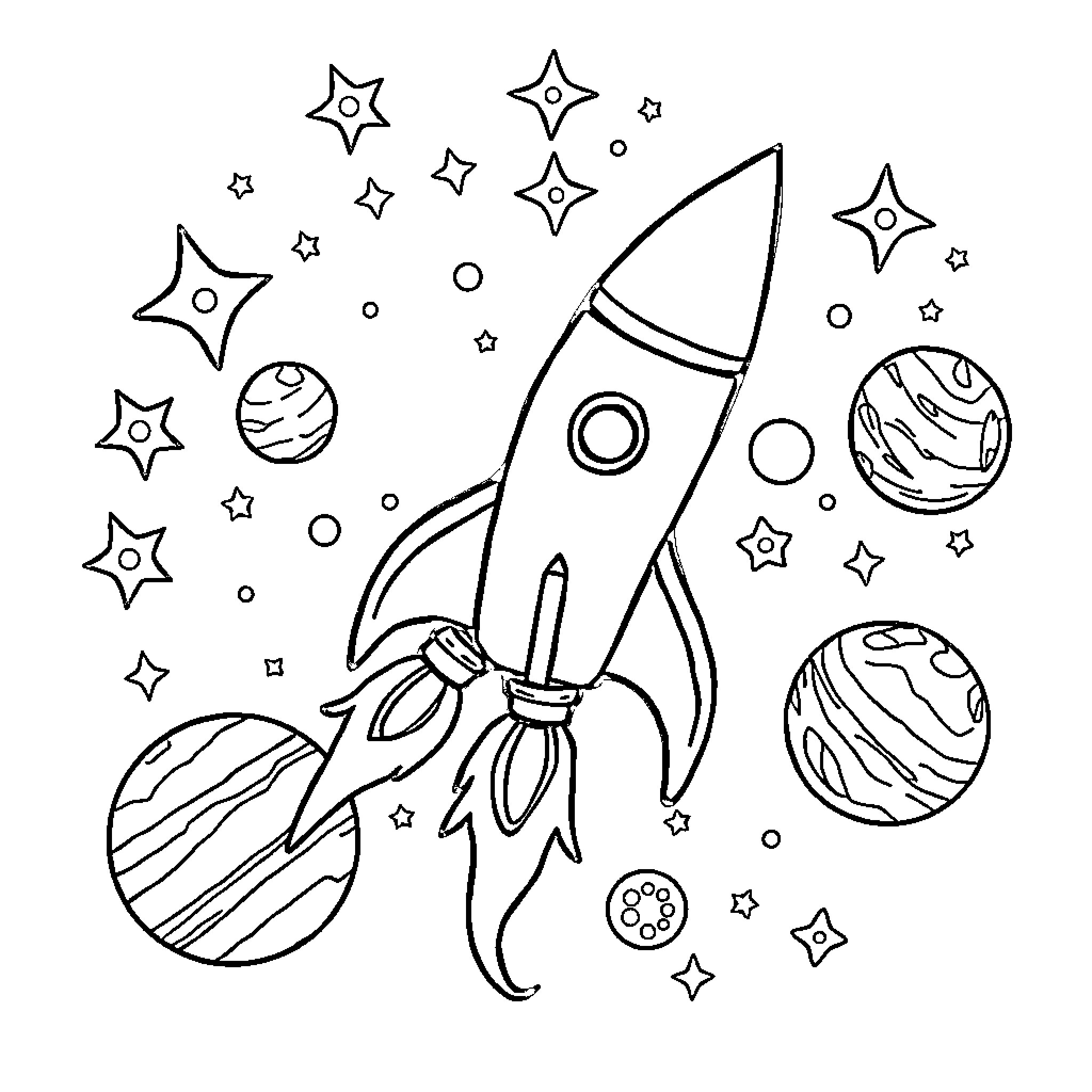 Space Tattoo of a Rocket Ship and Celestial Objects Coloring Page (free black-and-white line drawing printable PDF for all, from beginners to advanced learners, including children, teens, adults, and seniors)
