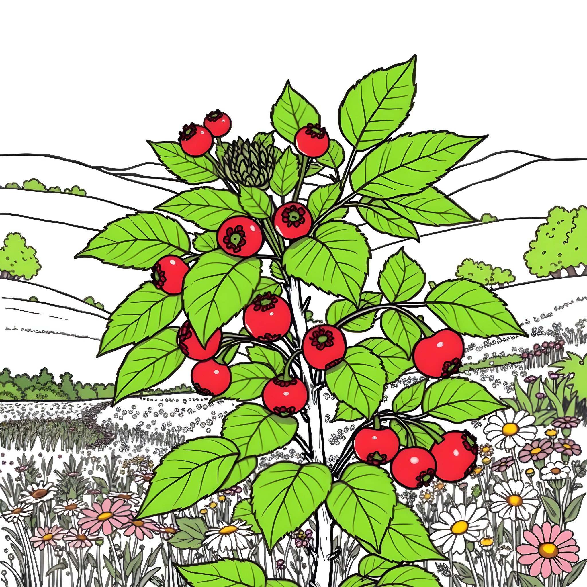 Cloudberry plant with ripe fruits in a lush meadow Coloring Page (free black-and-white line drawing printable PDF for all, from beginners to advanced learners, including children, teens, adults, and seniors)