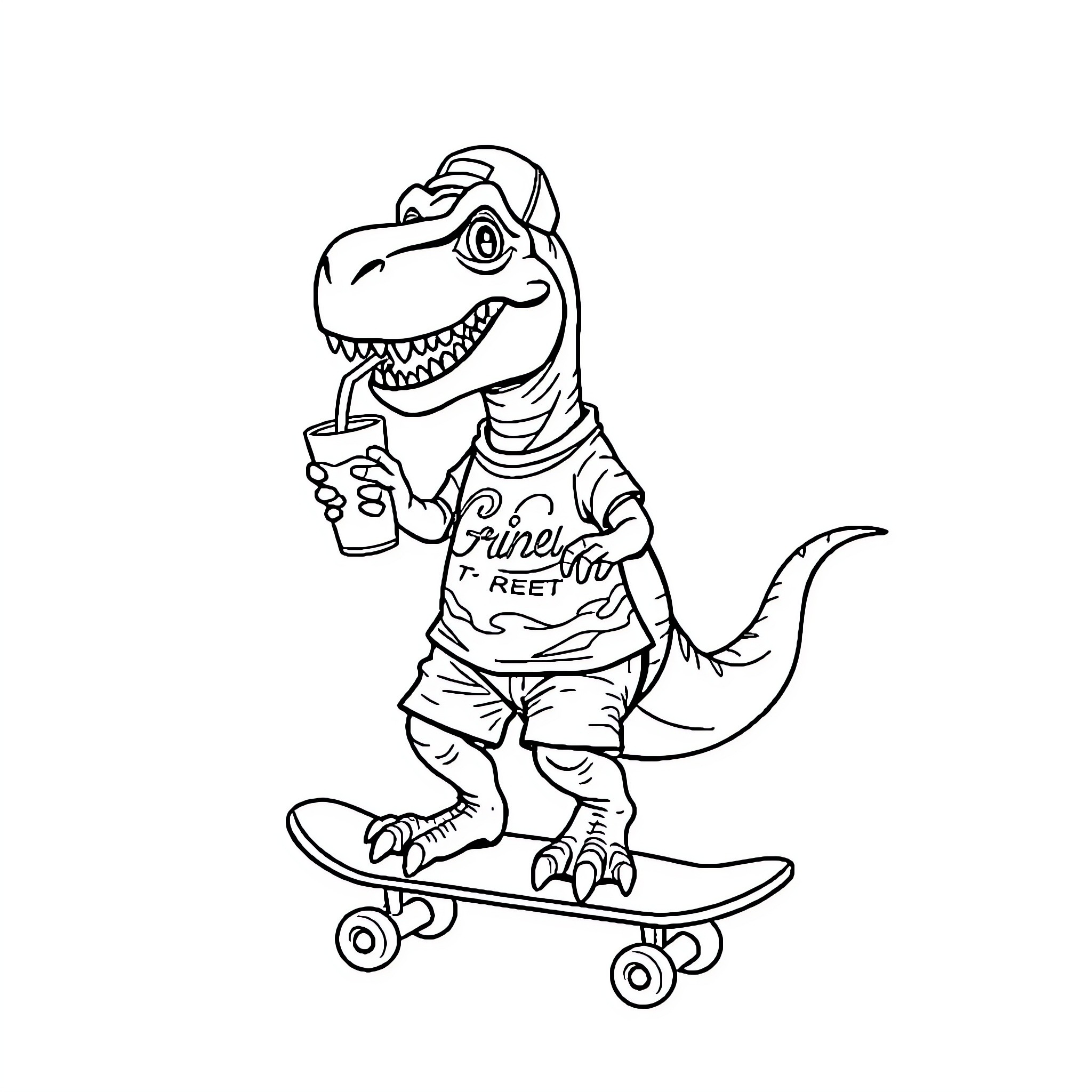 T-Rex Skateboarding with Soda Coloring Page (free black-and-white line drawing printable PDF for all, from beginners to advanced learners, including children, teens, adults, and seniors)