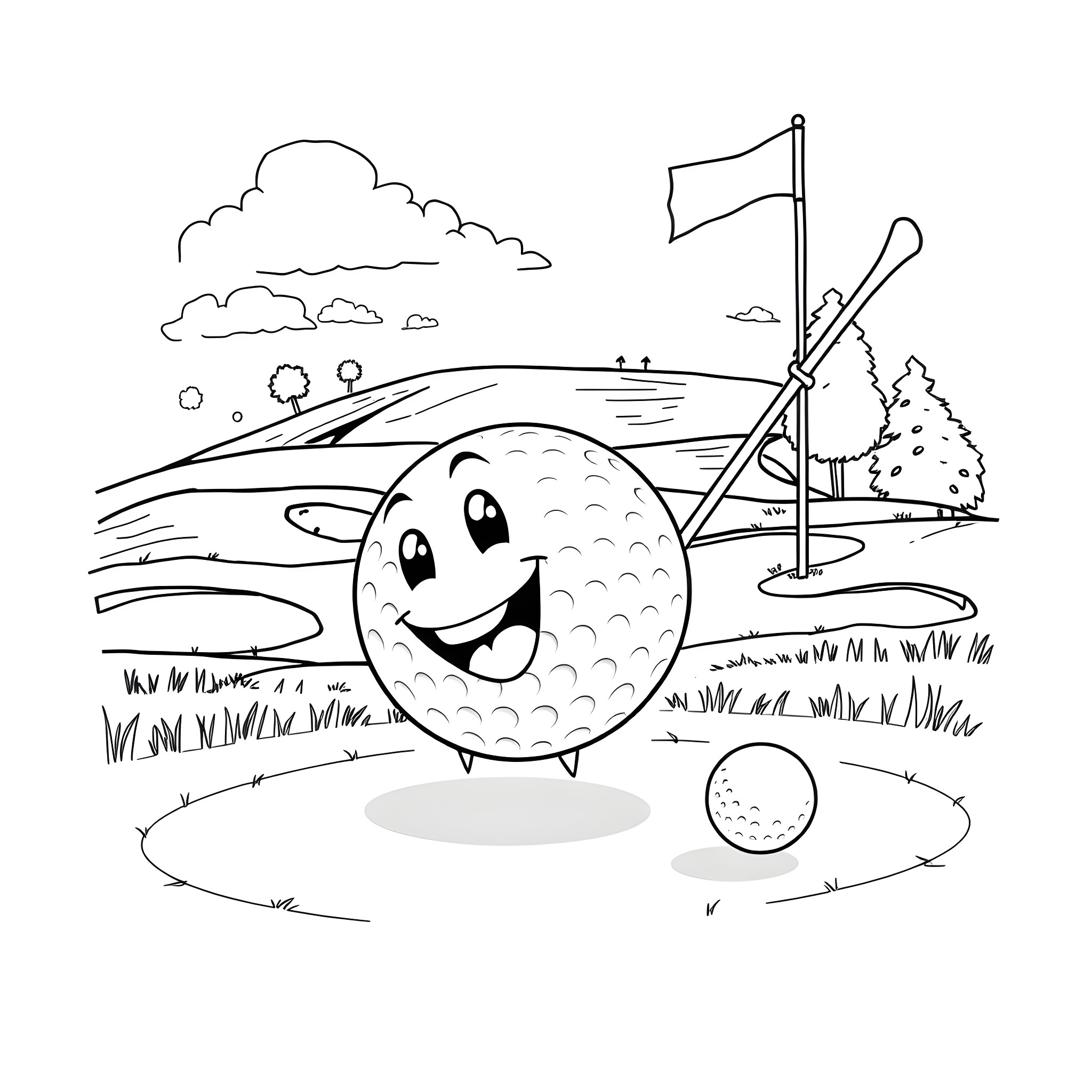 Golfball rolling happily on the golf course Coloring Page (free black-and-white line drawing printable PDF for all, from beginners to advanced learners, including children, teens, adults, and seniors)
