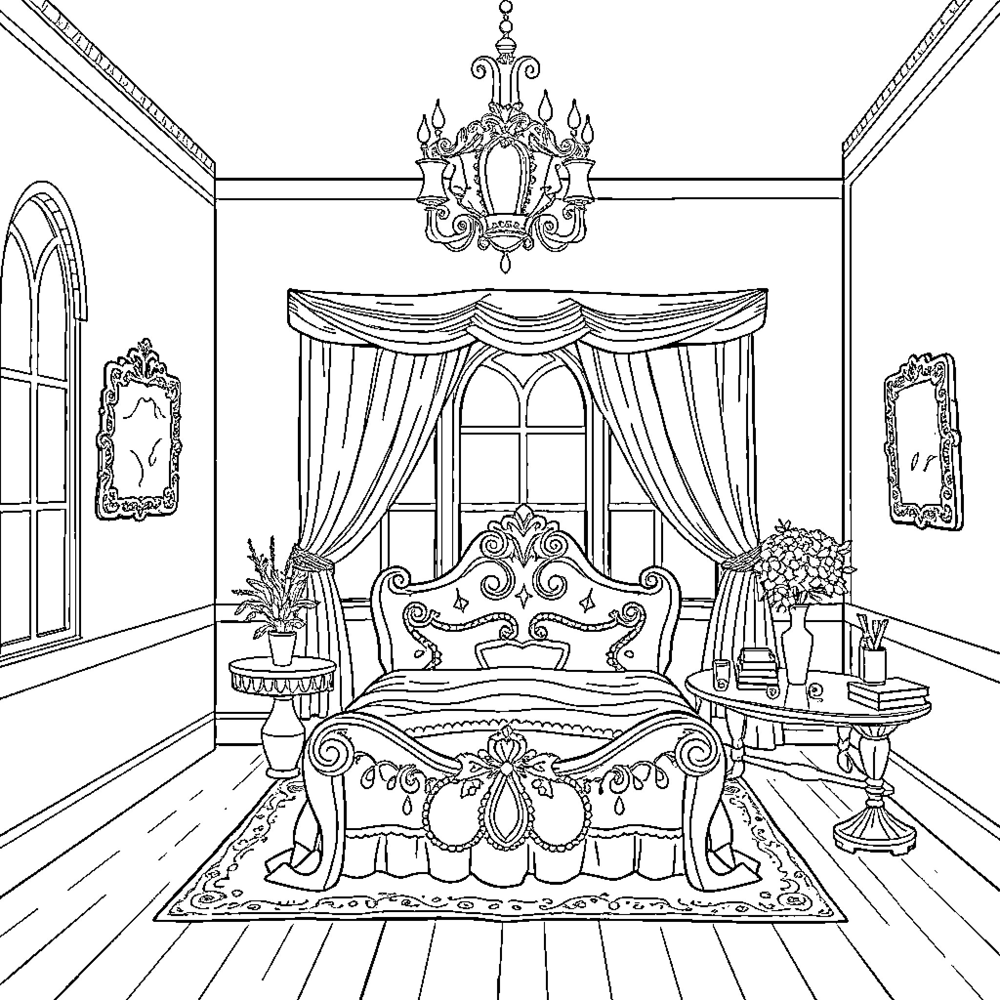Princess Resting in a Lavish Royal Bedroom Coloring Page (free black-and-white line drawing printable PDF for all, from beginners to advanced learners, including children, teens, adults, and seniors)