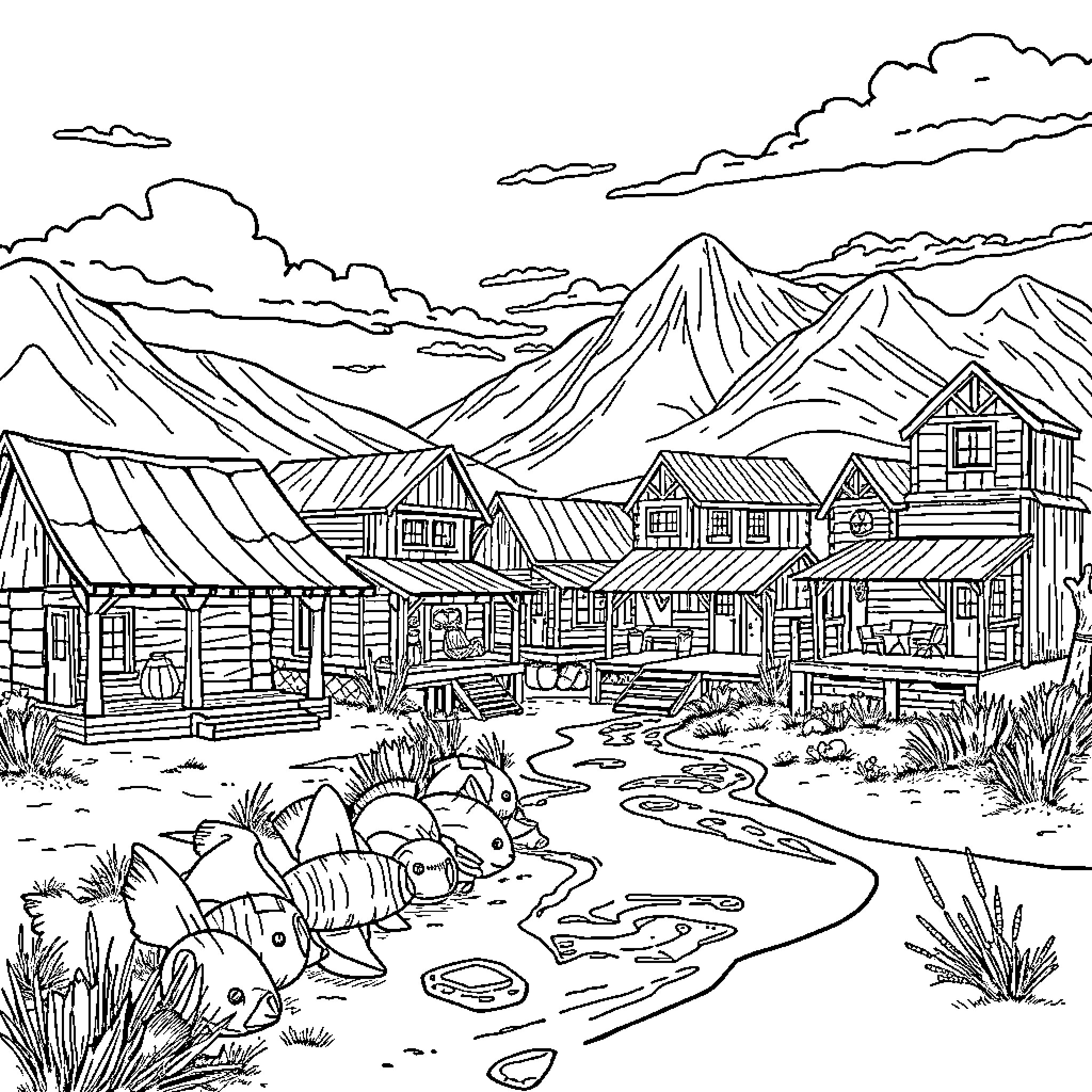 Fish enjoying the scenic mountain village Coloring Page (free black-and-white line drawing printable PDF for all, from beginners to advanced learners, including children, teens, adults, and seniors)