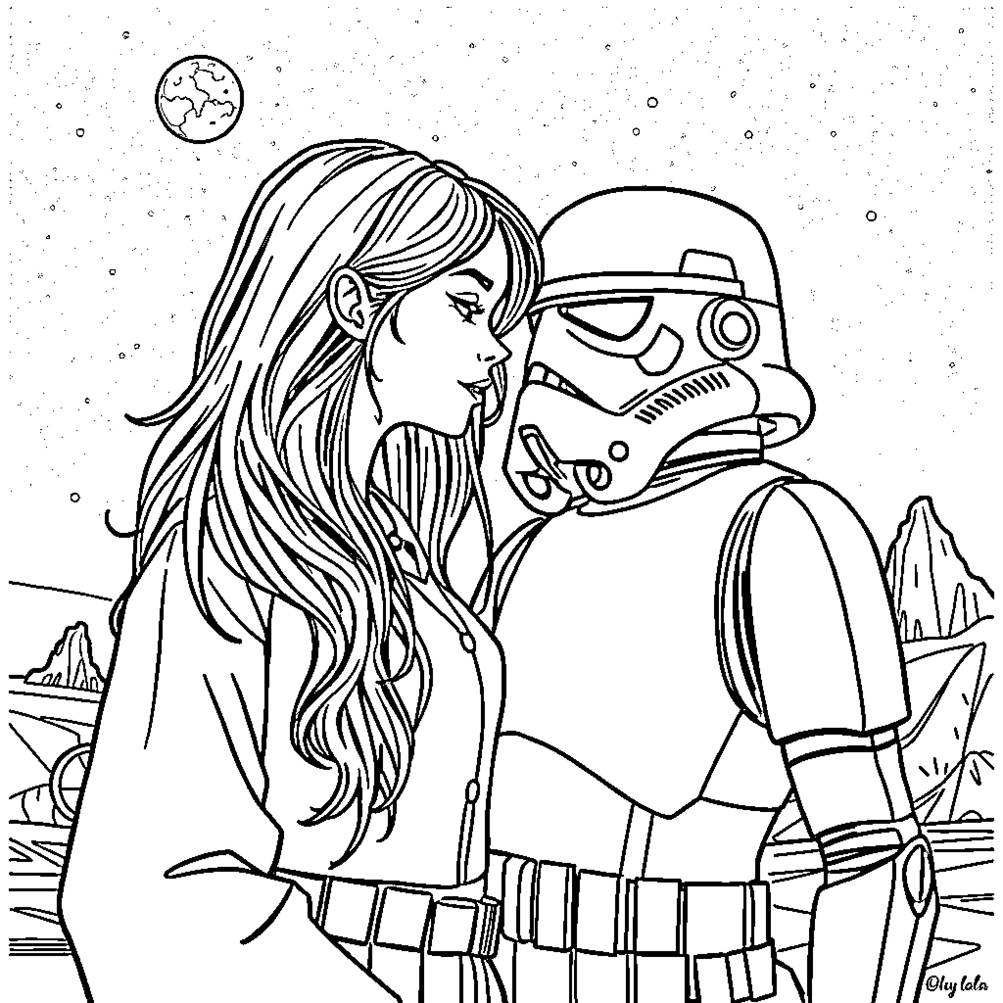 Emo Girl and Stormtrooper in Snowy Landscape Coloring Page (free black-and-white line drawing printable PDF for all, from beginners to advanced learners, including children, teens, adults, and seniors)